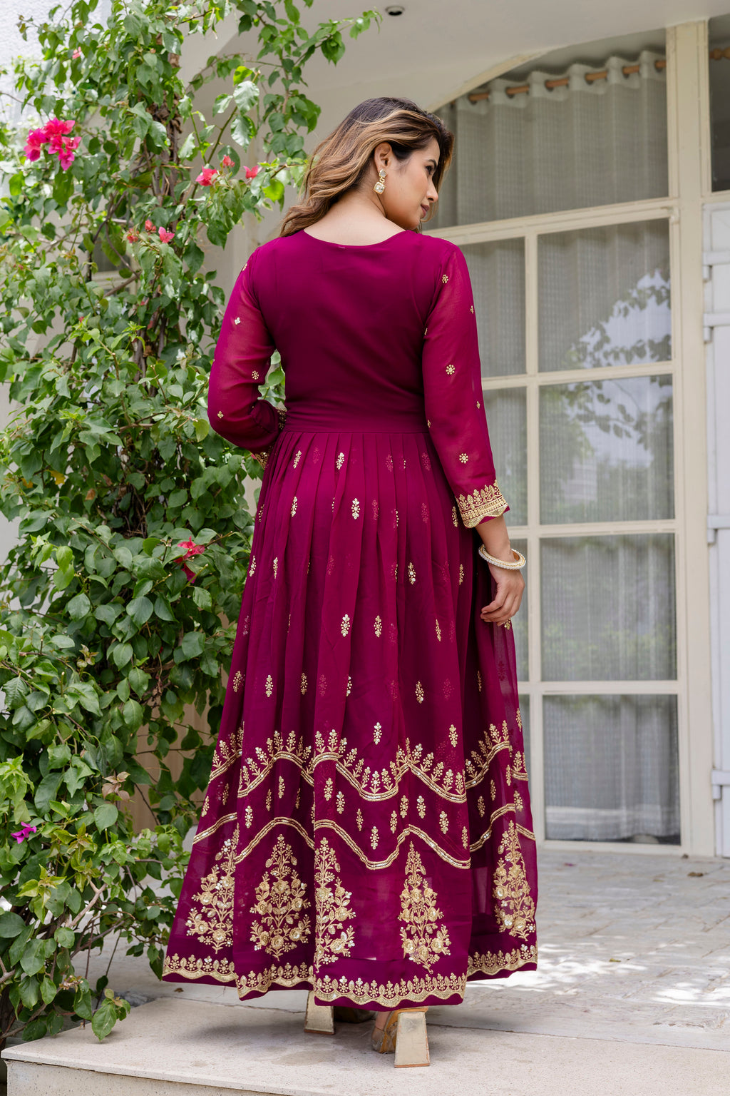Wine Anarkali Gown Dress With Dupatta