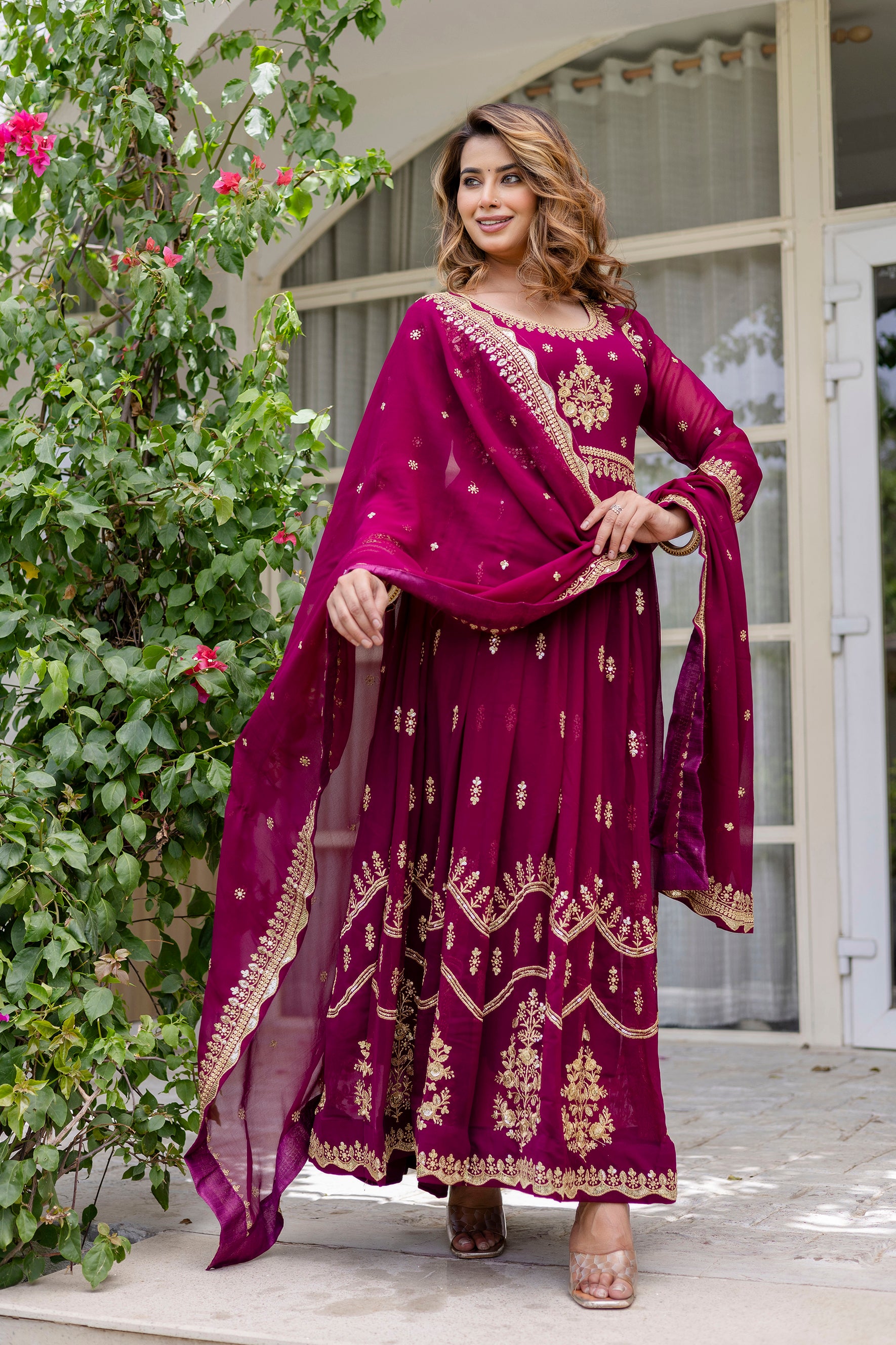 Wine Anarkali Gown Dress With Dupatta