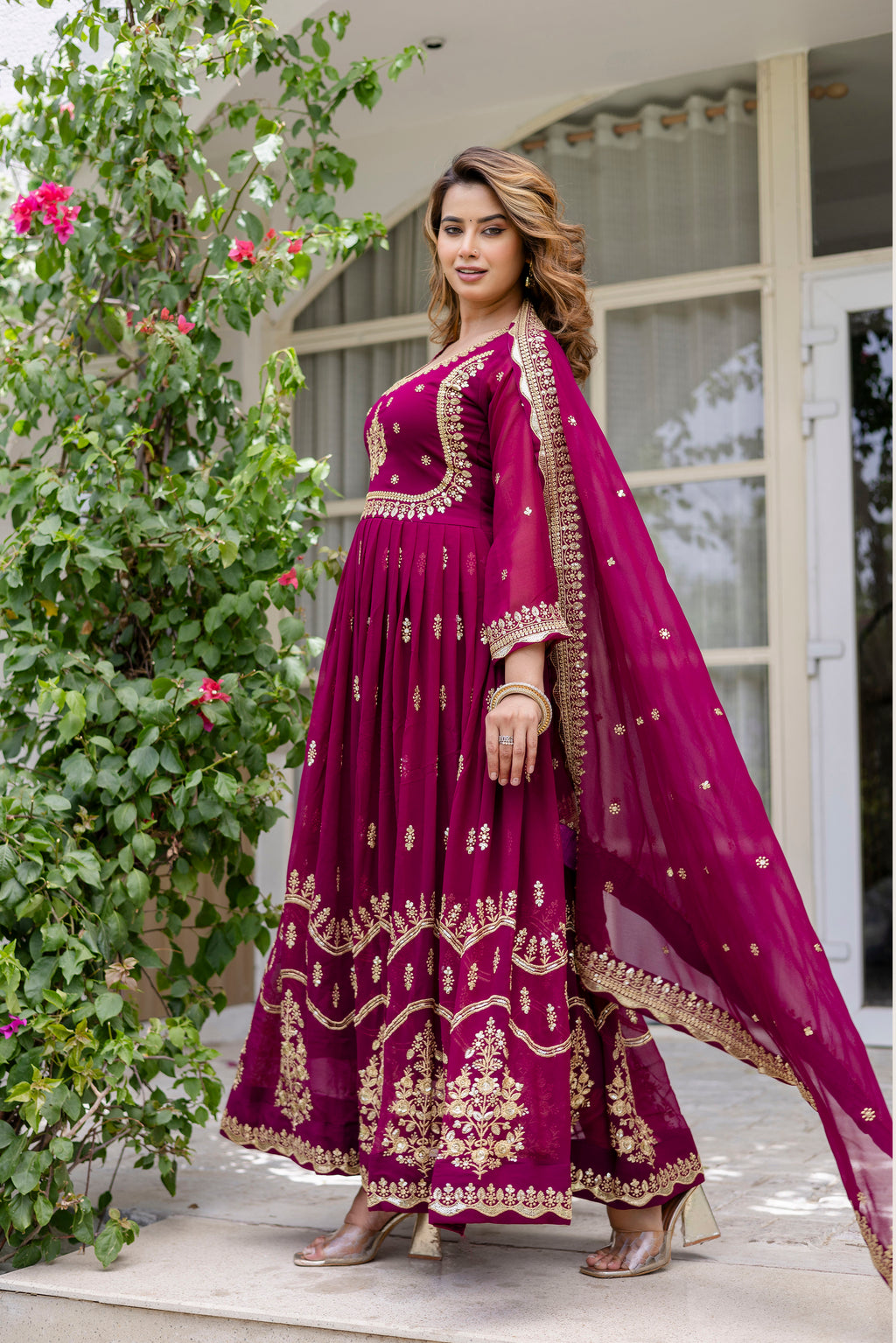 Wine Anarkali Gown Dress With Dupatta