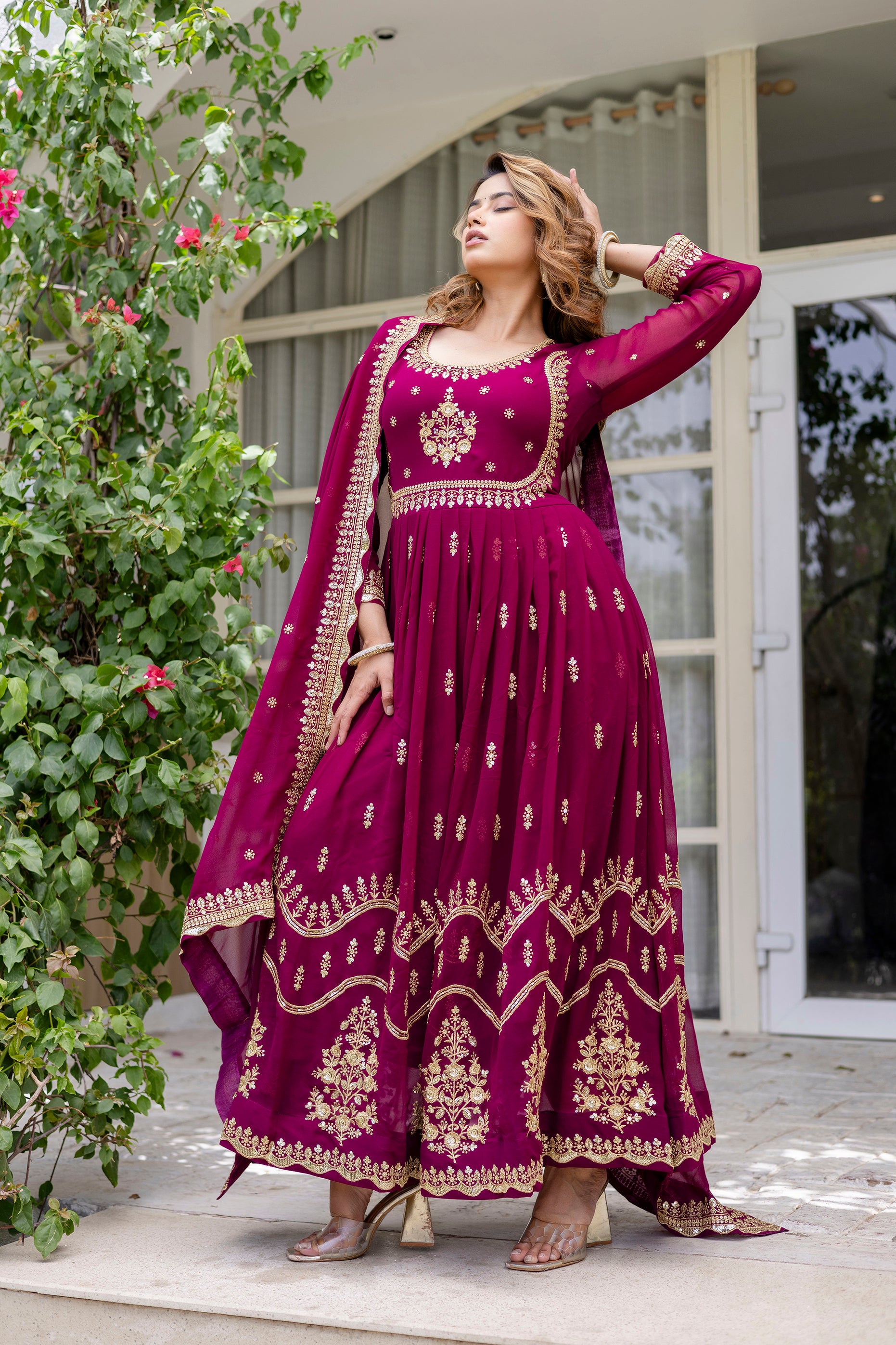 Wine Anarkali Gown Dress With Dupatta