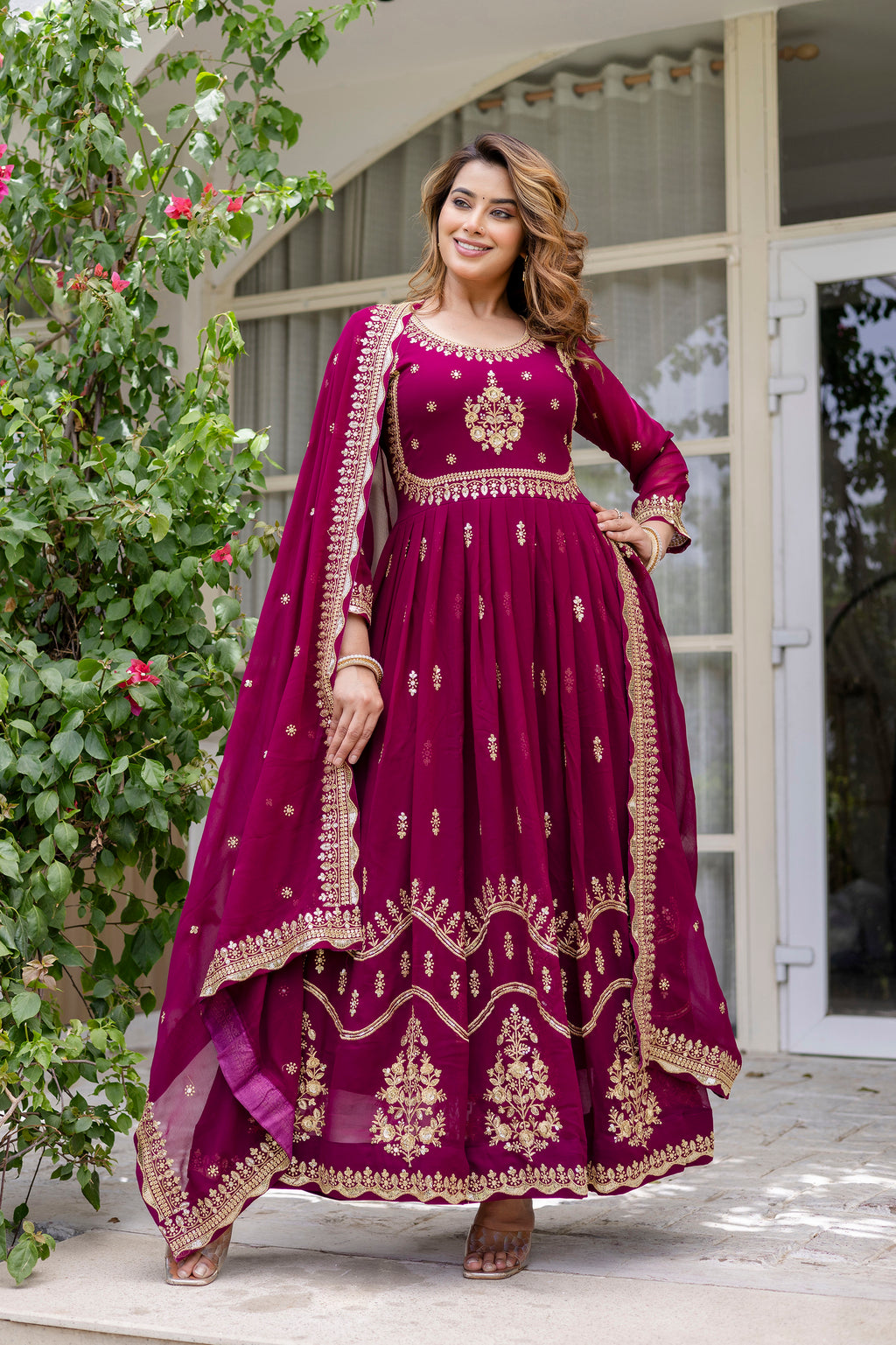 Wine Anarkali Gown Dress With Dupatta