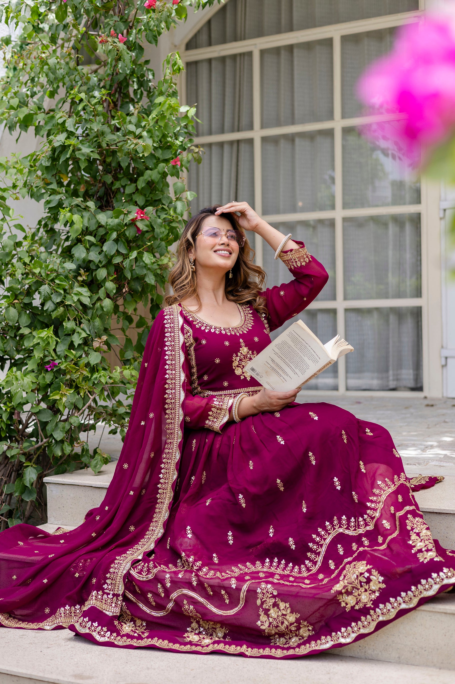 Wine Anarkali Gown Dress With Dupatta