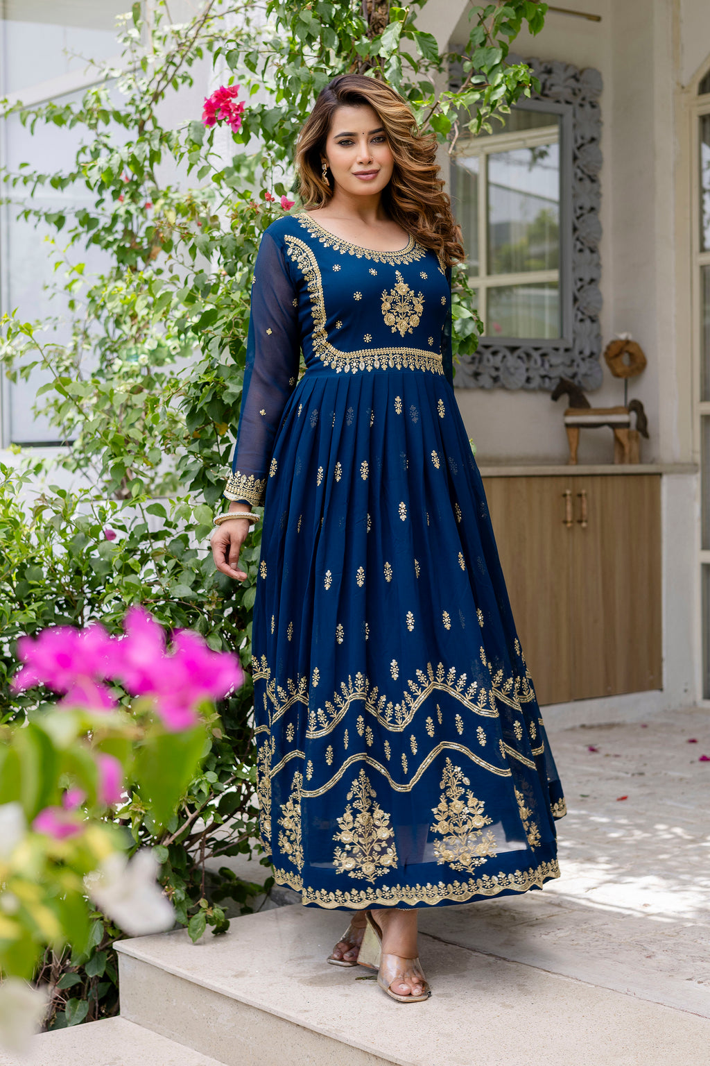 Rama Blue Anarkali Gown Dress With Dupatta