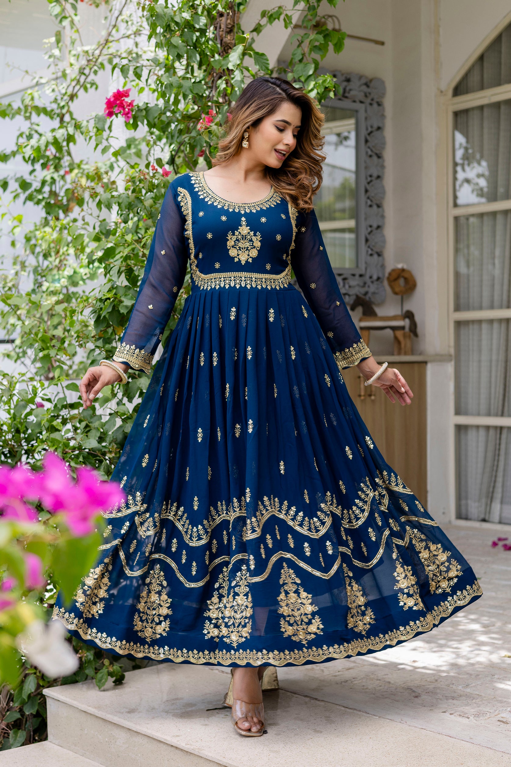 Rama Blue Anarkali Gown Dress With Dupatta