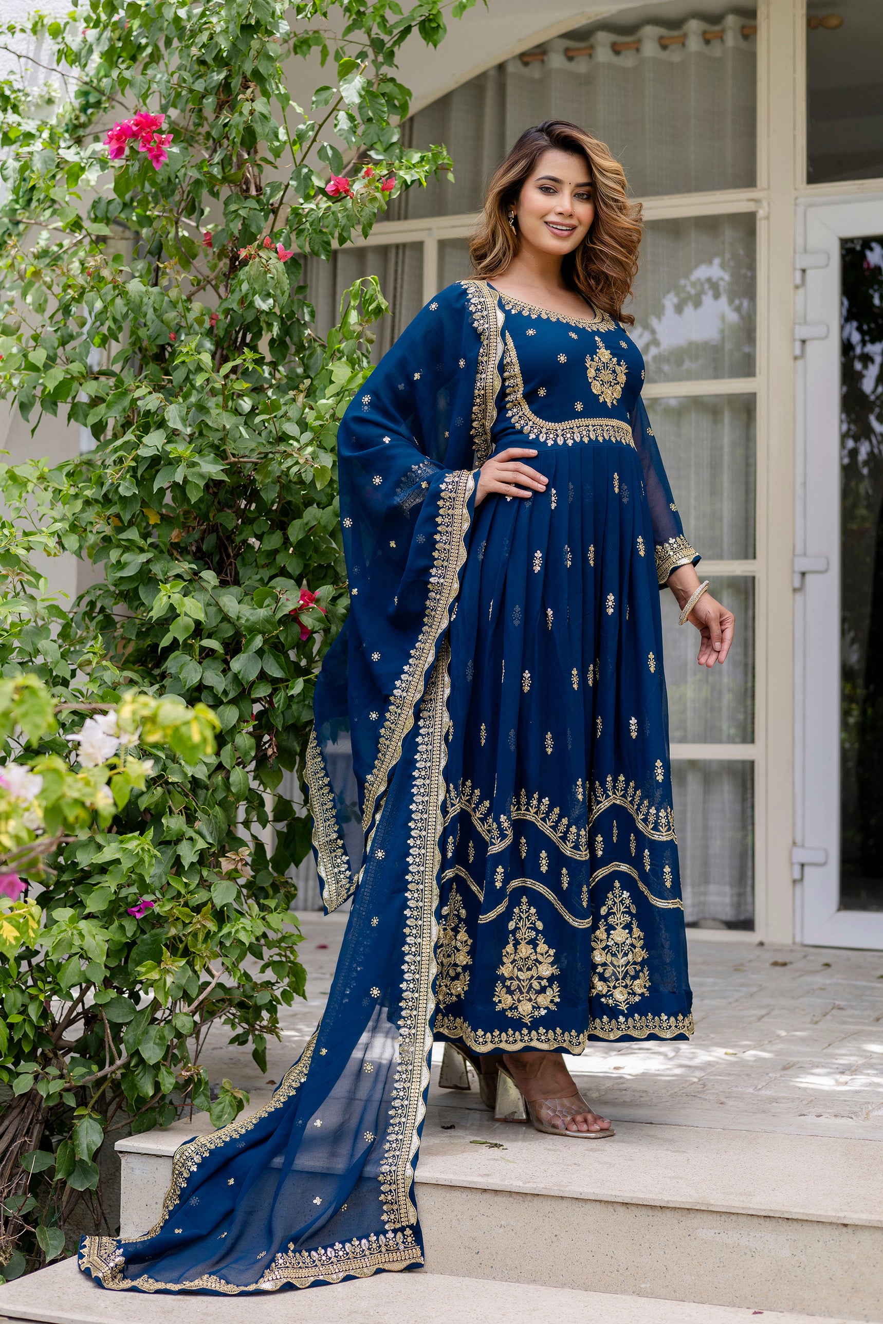 Rama Blue Anarkali Gown Dress With Dupatta