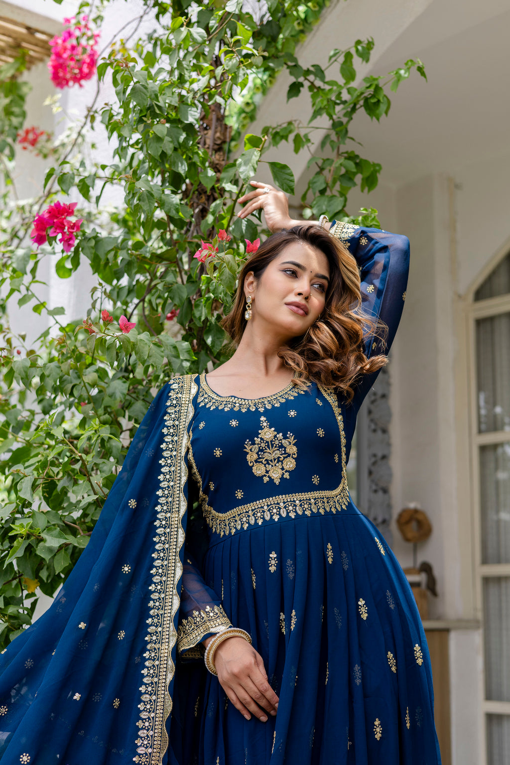Rama Blue Anarkali Gown Dress With Dupatta