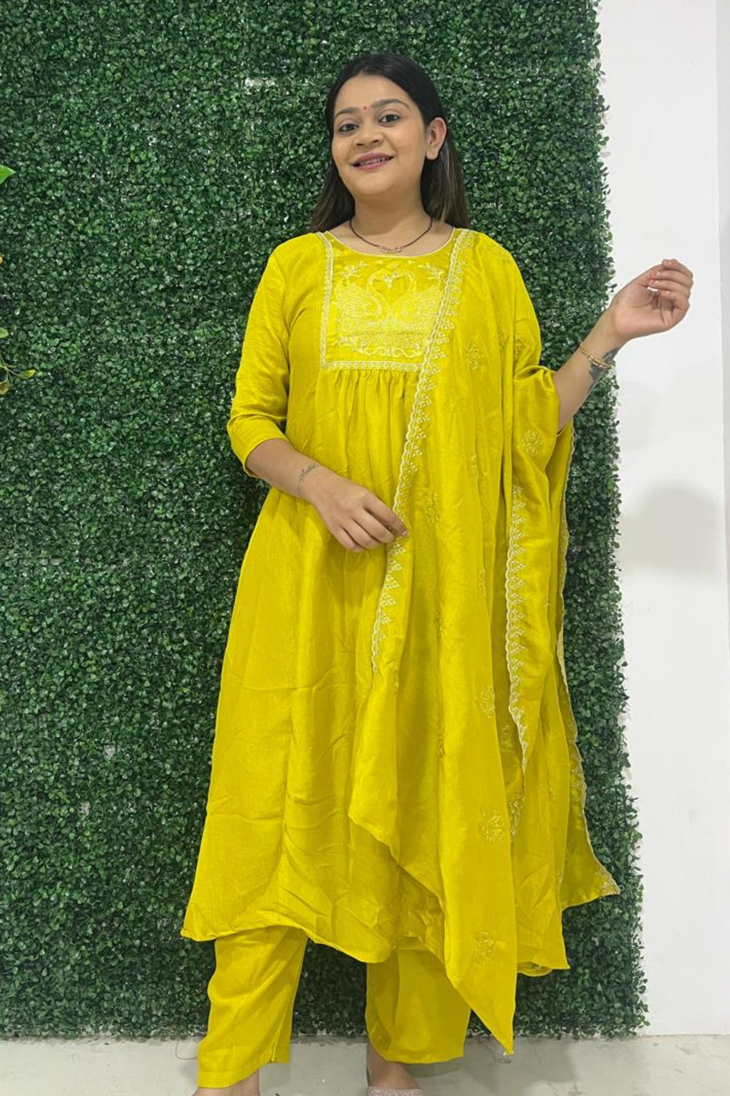yellow art silk embroidery kurta set