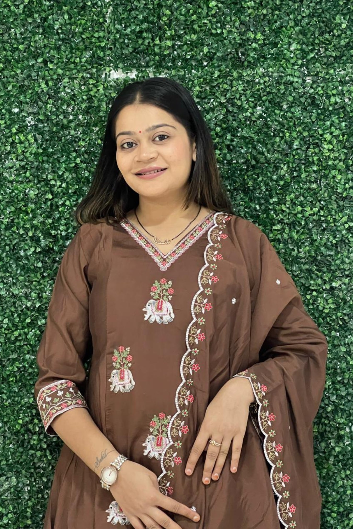 Brown Silk embroidery Kurta set with Dupatta