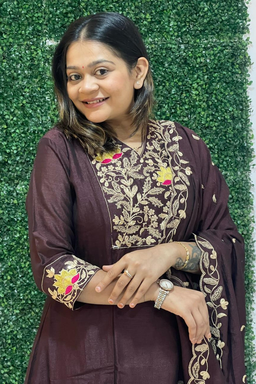 brown art silk embroidery kurta set