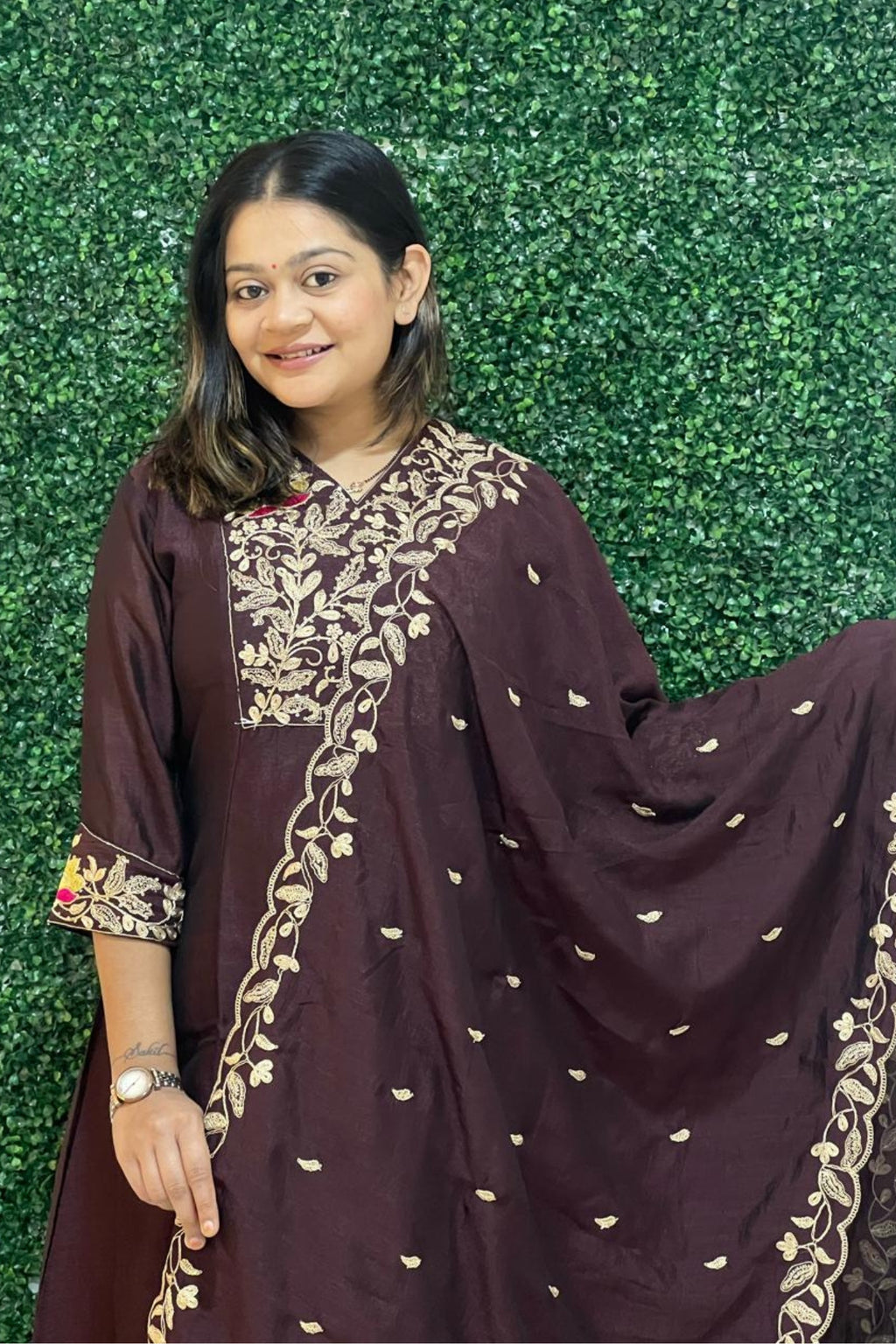 brown art silk embroidery kurta set