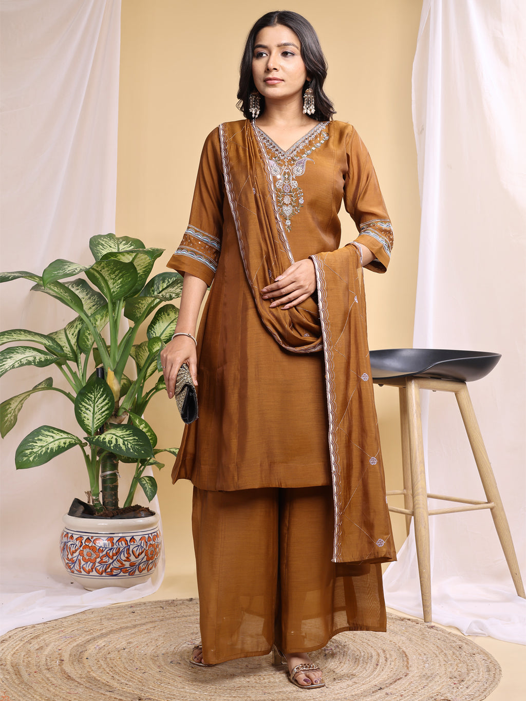 Copper Mal Cotton Embroidery With Hand Work Kurta Set