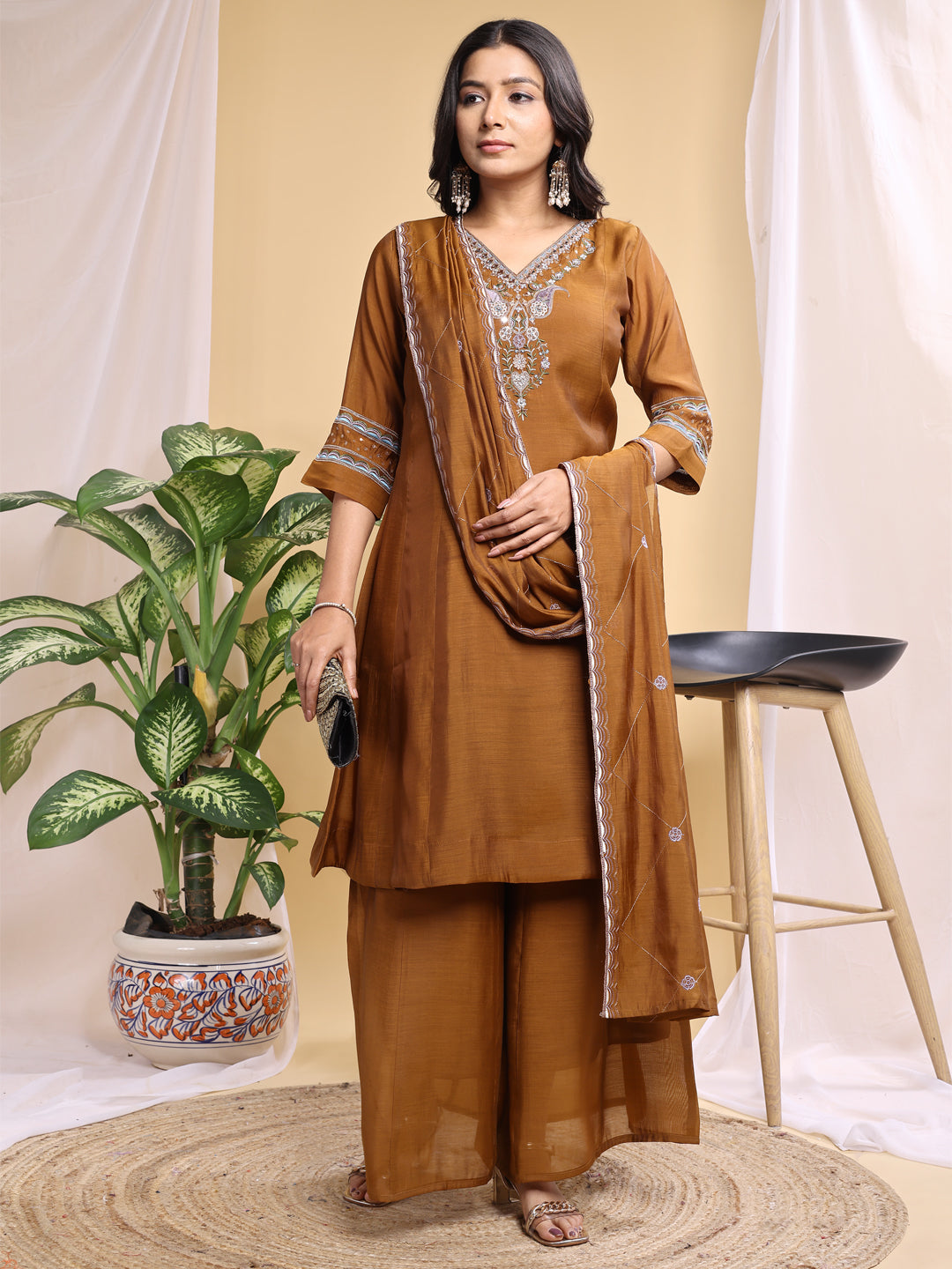 Copper Mal Cotton Embroidery With Hand Work Kurta Set