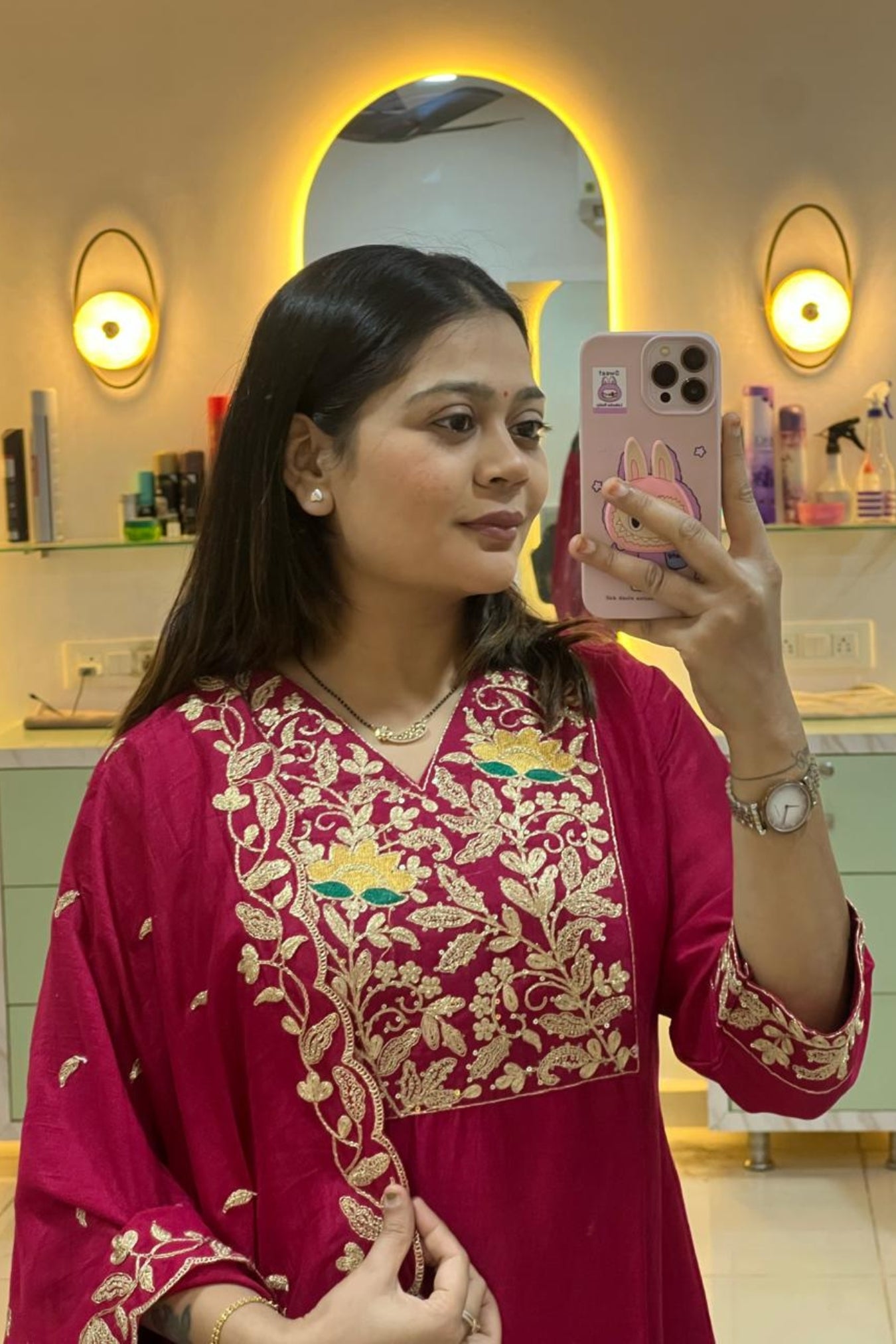 pink art silk embroidery kurta set