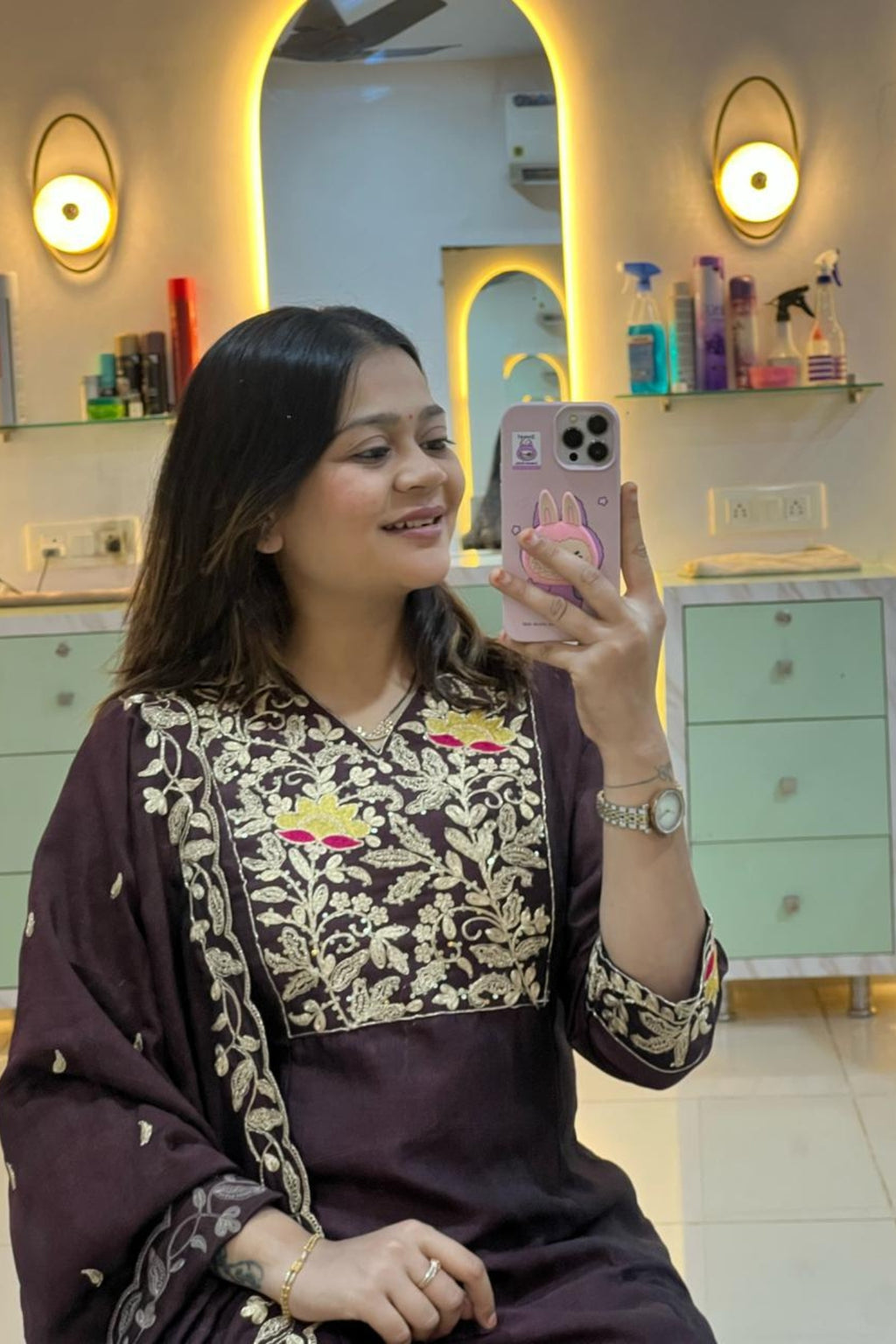 brown art silk embroidery kurta set