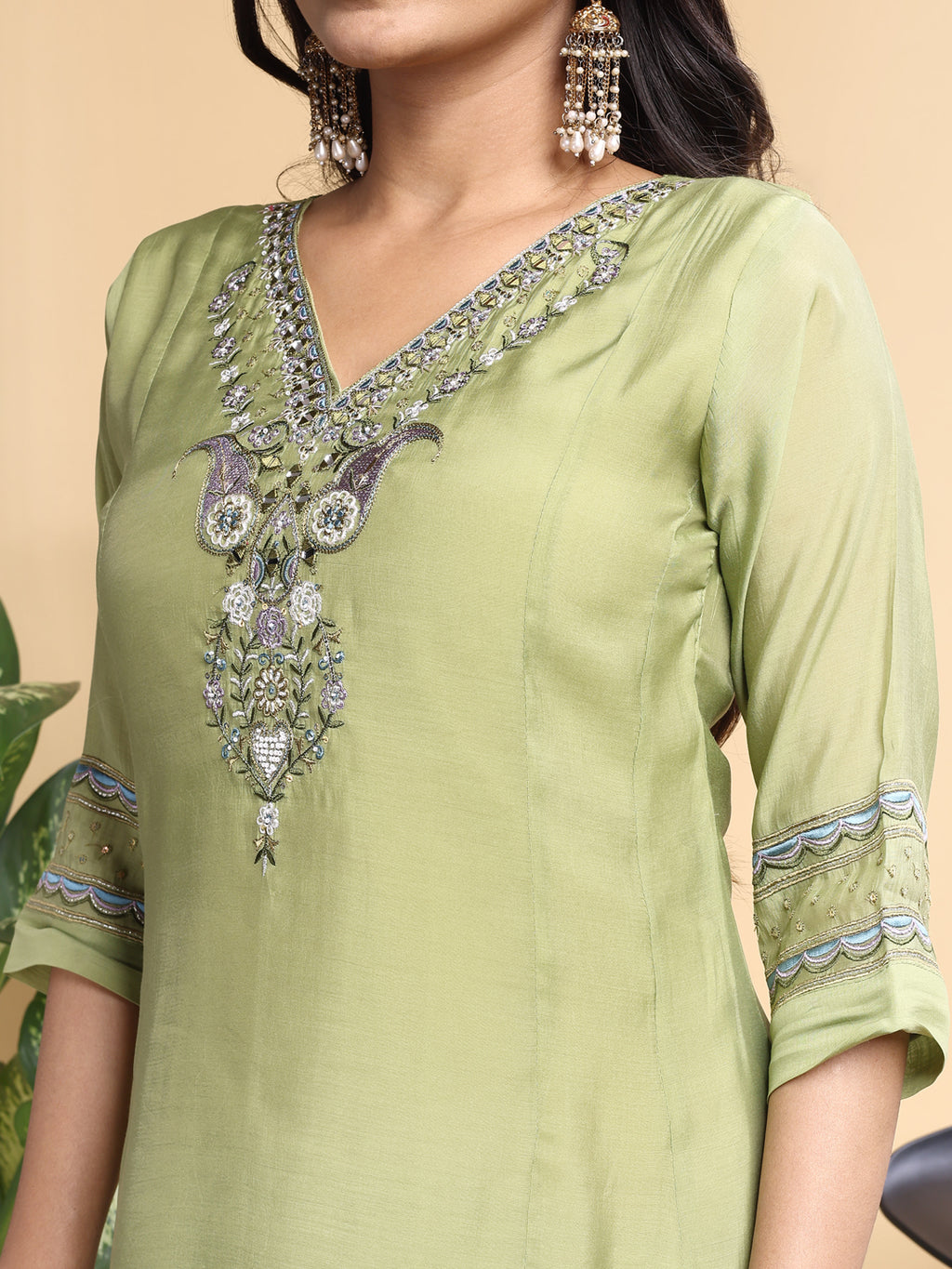 Pista Mal Cotton Embroidery With Hand Work Kurta Set
