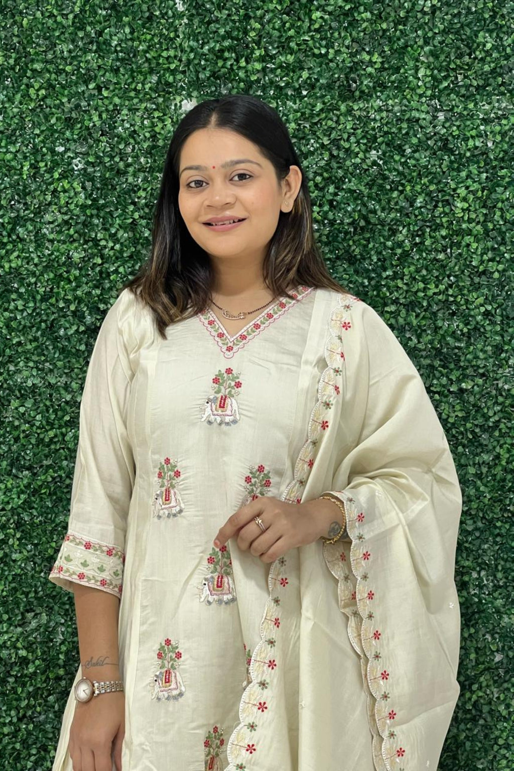 cream silk embroidery with hand work kurta set