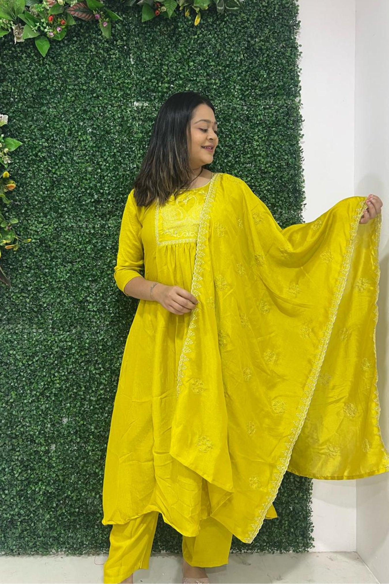 yellow art silk embroidery kurta set