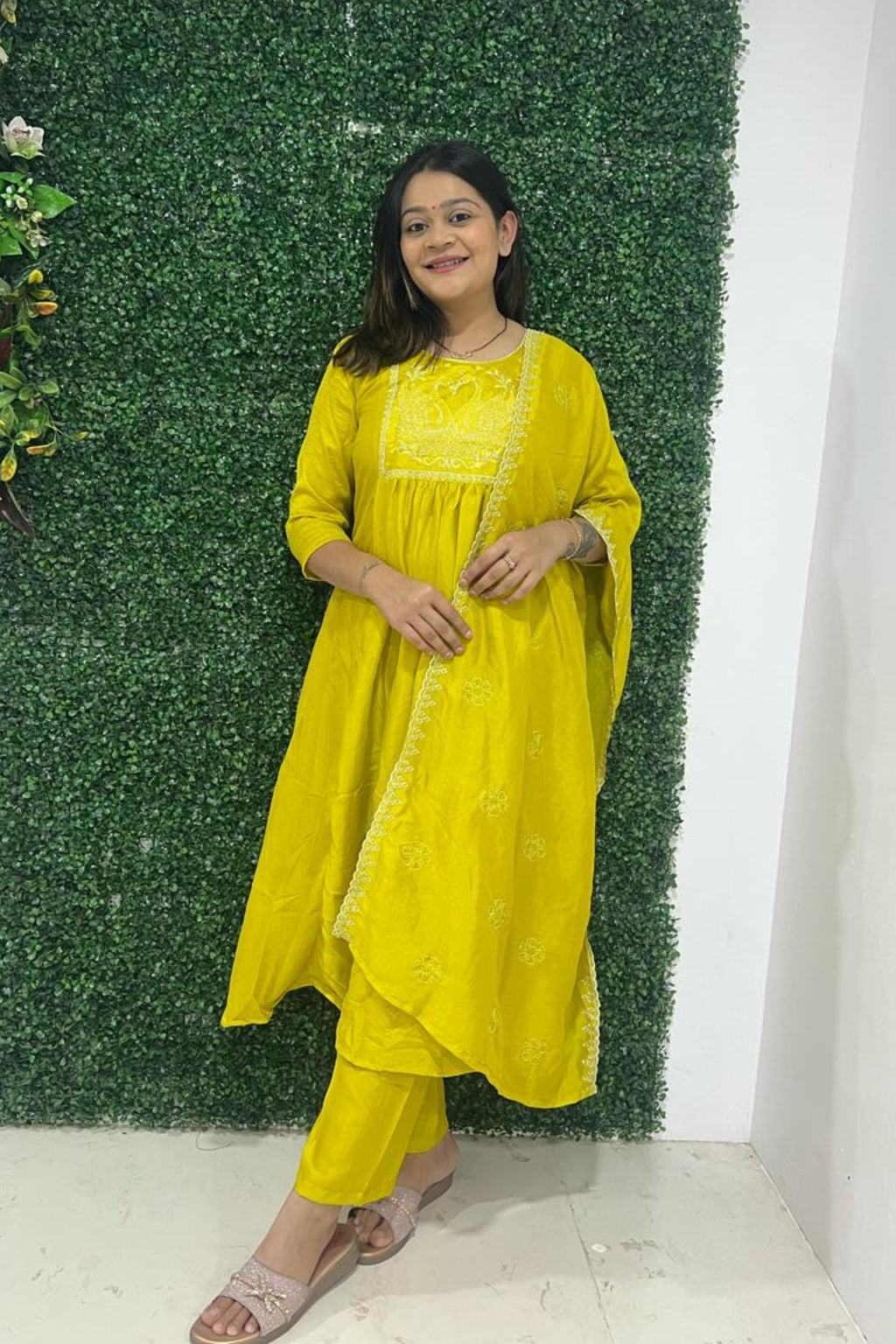 yellow art silk embroidery kurta set