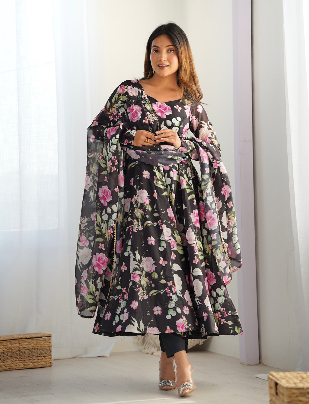 Black Organza Printed Silk Anarkali Suit