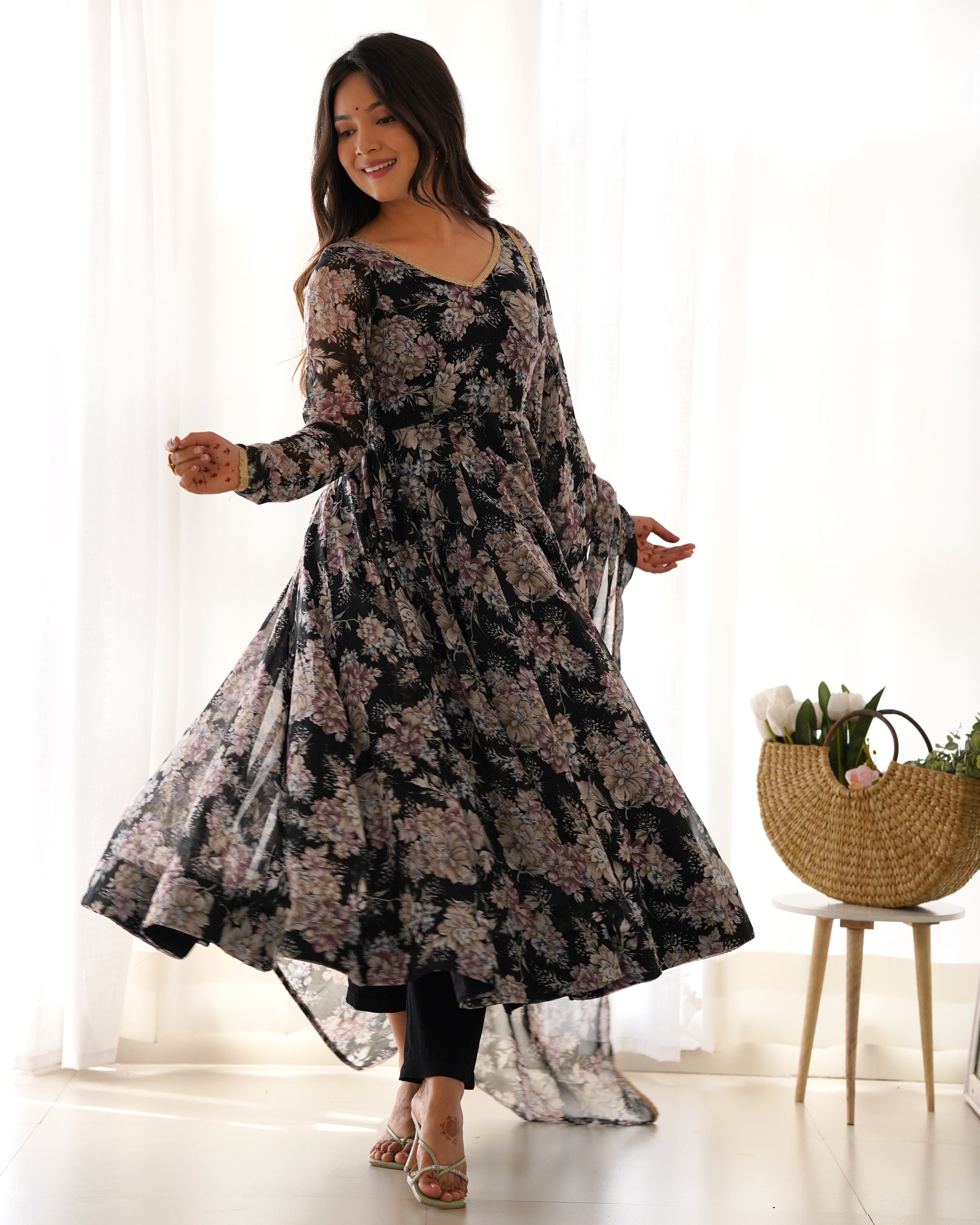 Black Printed Anarkali suit 