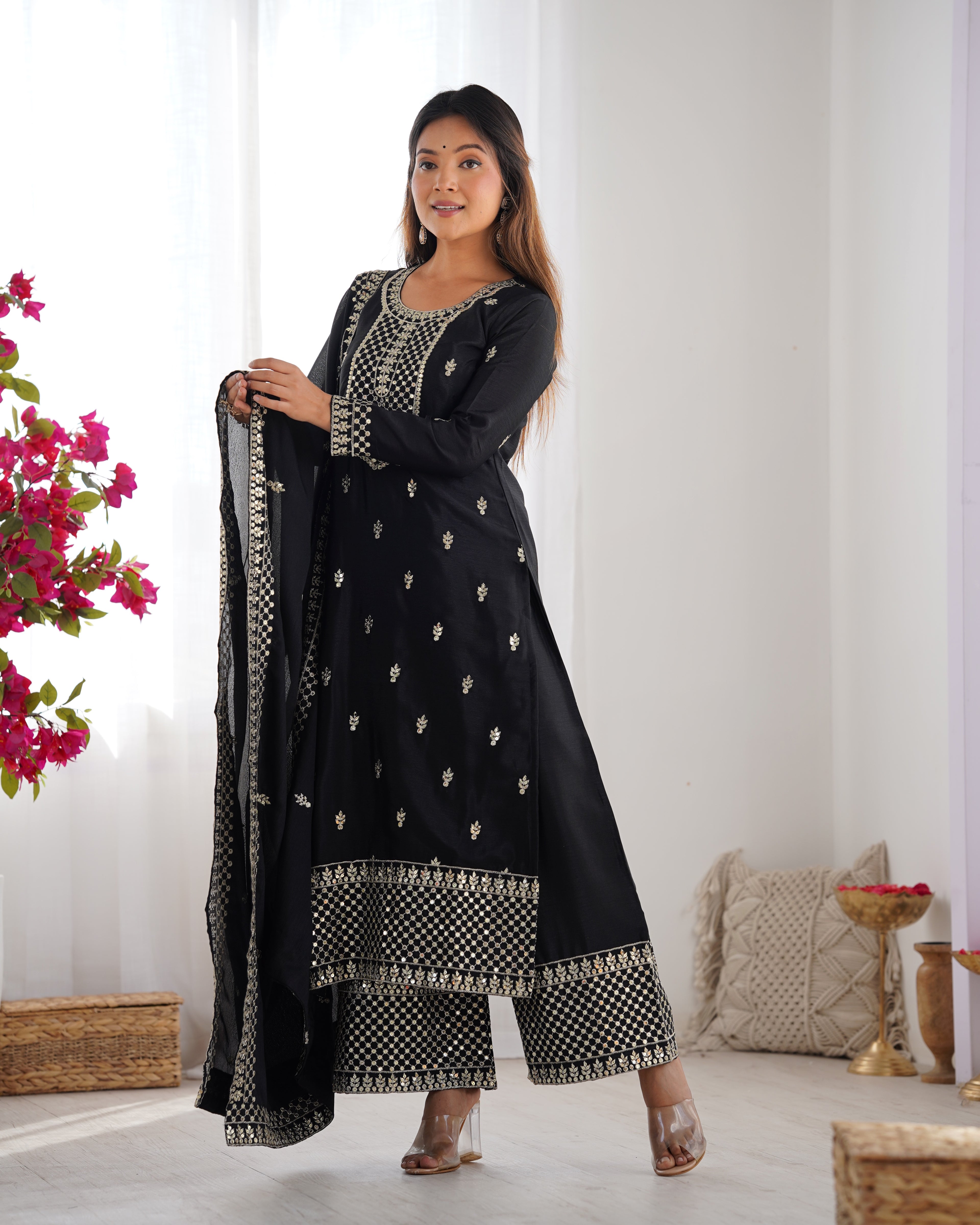 Black Silk Embroidery Kurta Set
