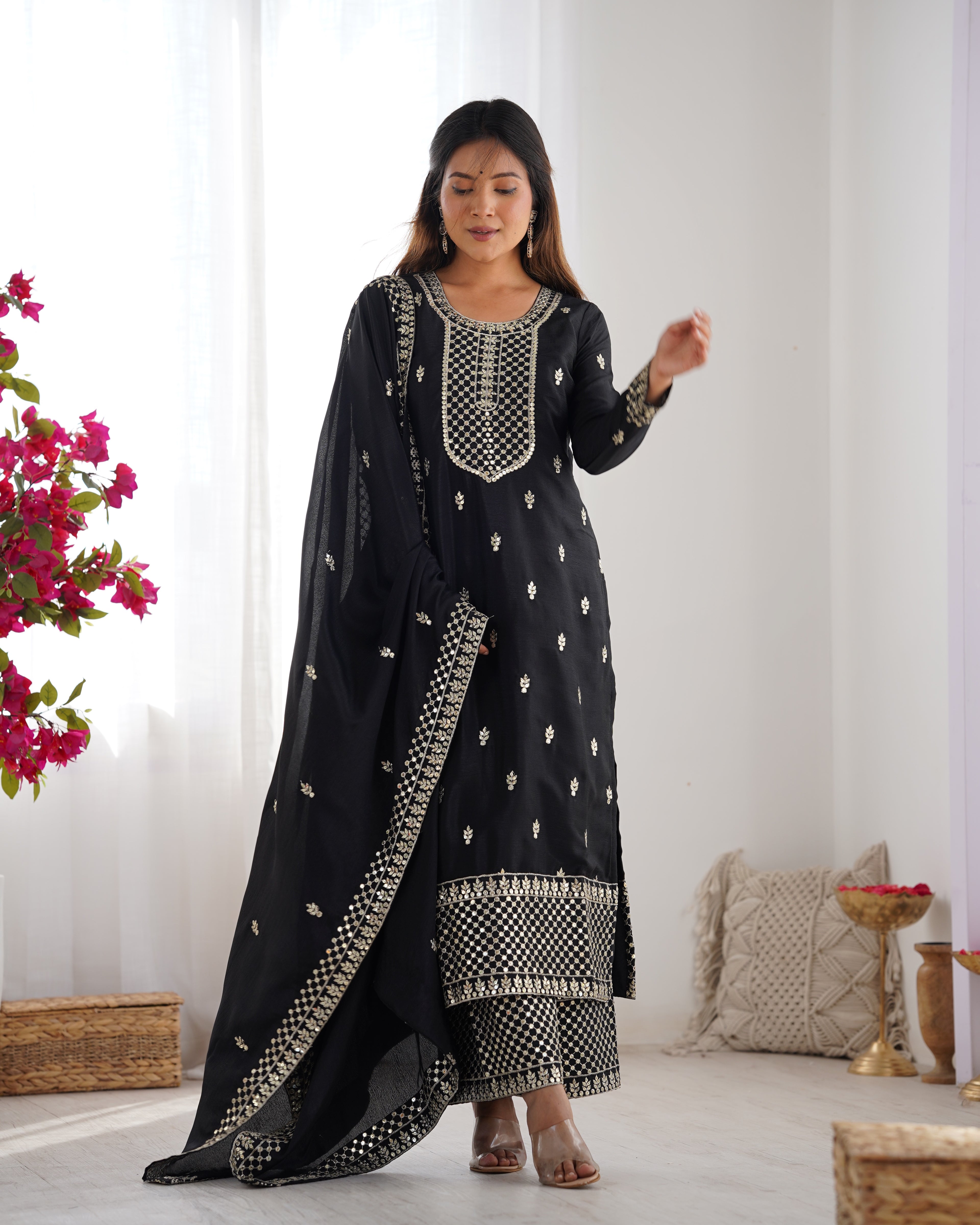 Black Silk Embroidery Kurta Set