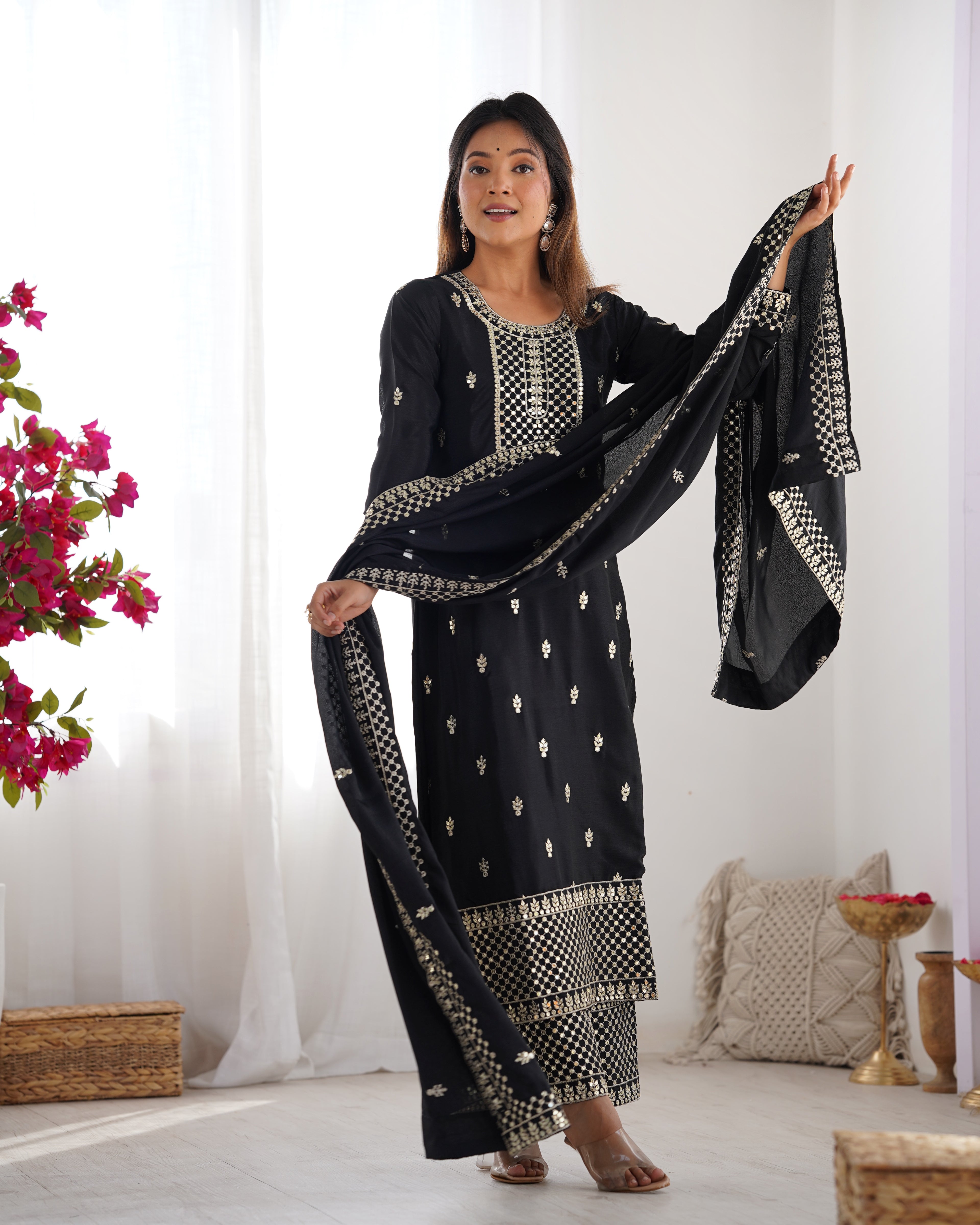 Black Silk Embroidery Kurta Set