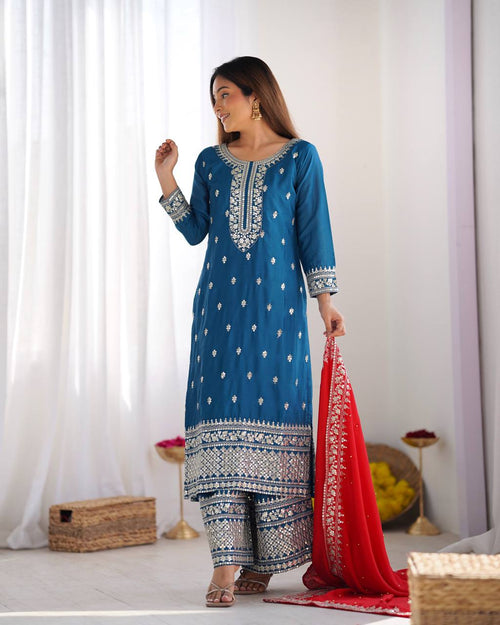 Blue Chinnon Kurta Set 