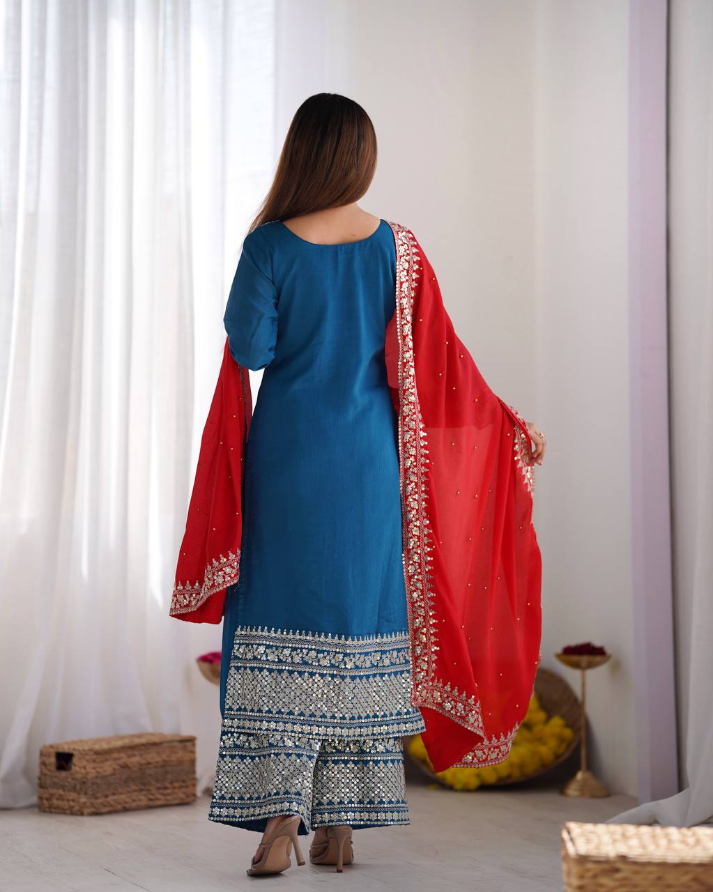 Blue Chinnon Kurta Set 