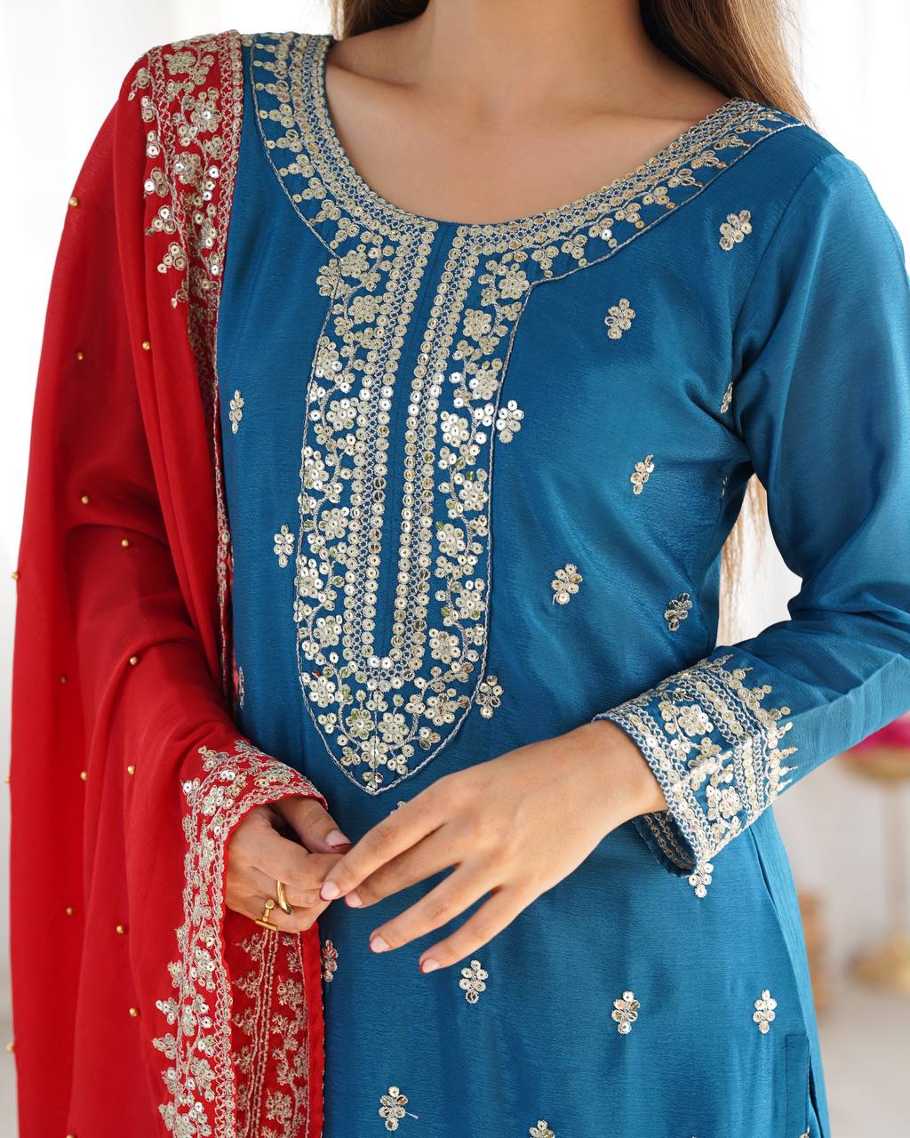 Blue Chinnon Kurta Set 