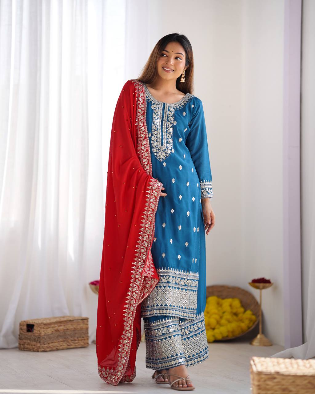 Blue Chinnon Kurta Set 