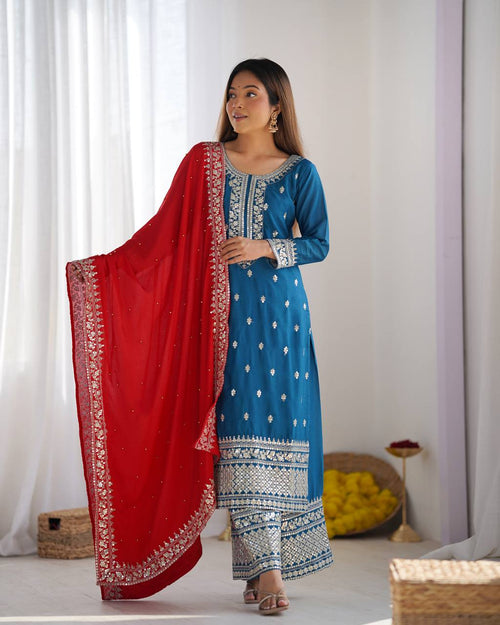 Blue Chinnon Kurta Set 