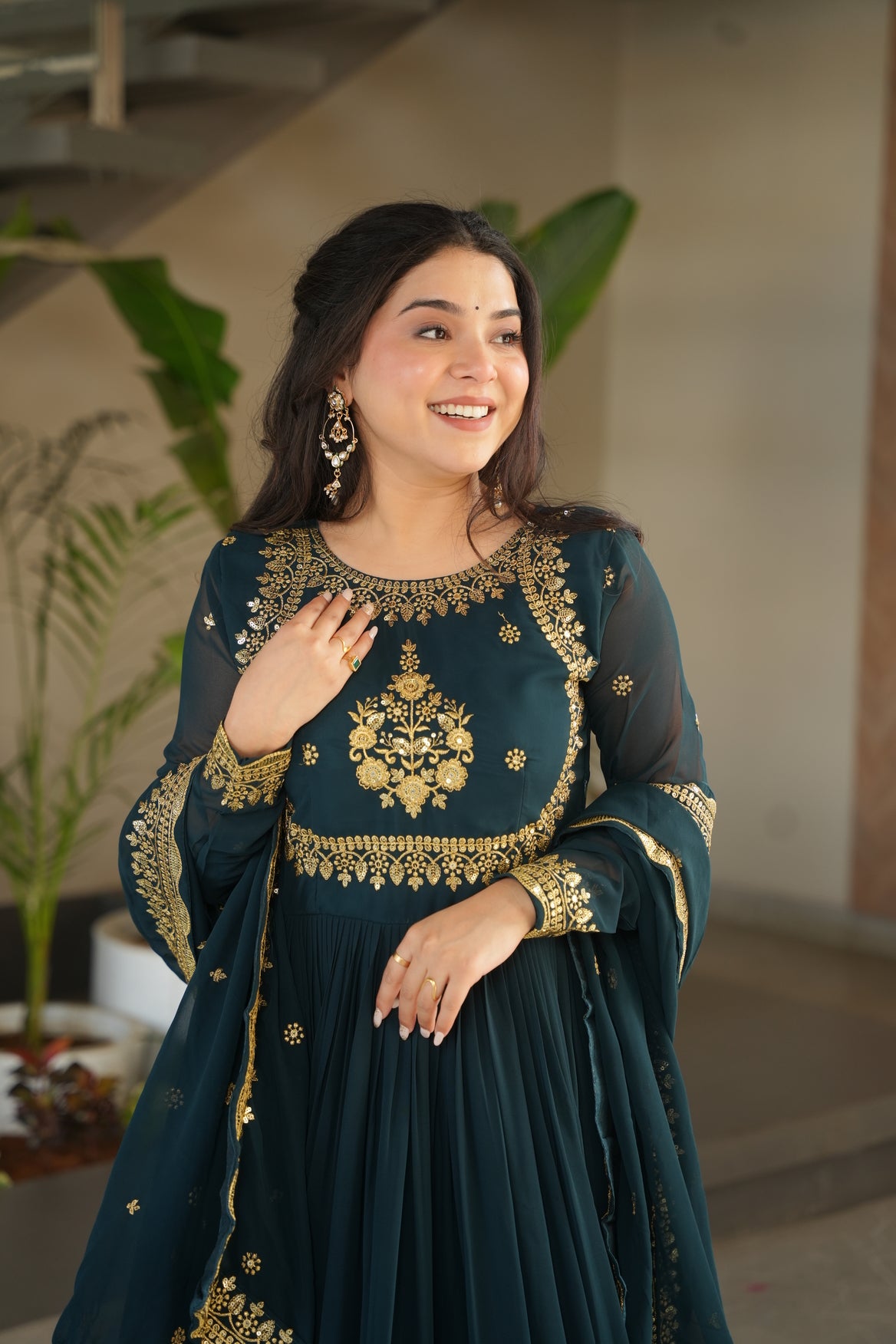Embroidered Navy Blue Ethnic Maxi Dress For Wedding
