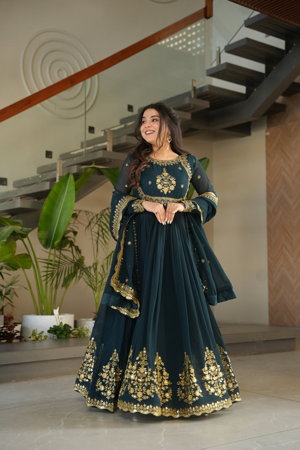 Embroidered Navy Blue Ethnic Maxi Dress For Wedding