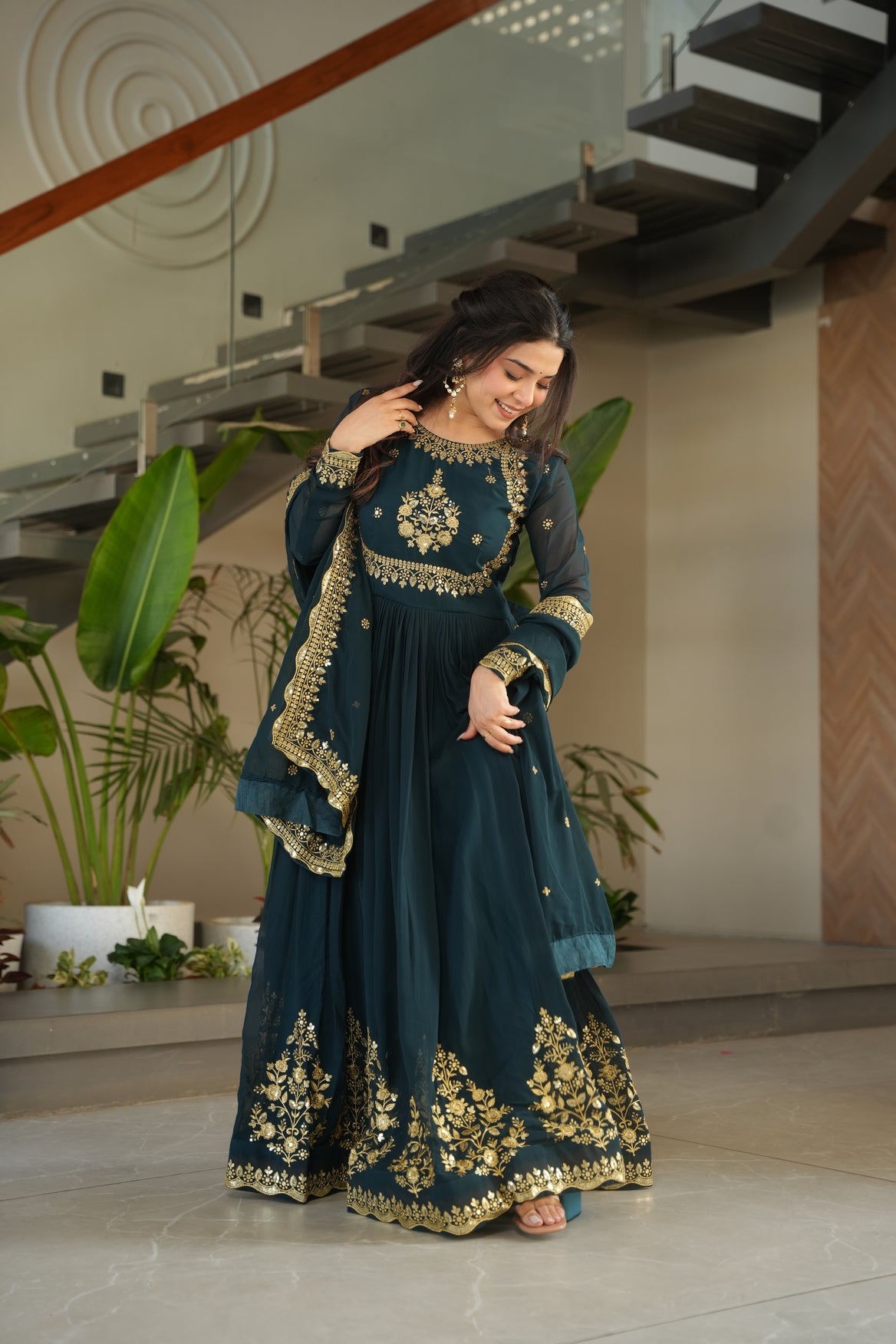 Embroidered Navy Blue Ethnic Maxi Dress For Wedding