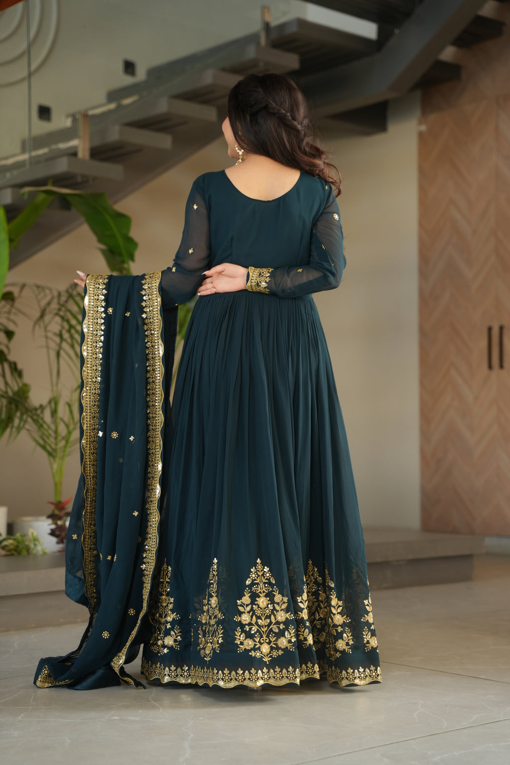 Embroidered Navy Blue Ethnic Maxi Dress For Wedding