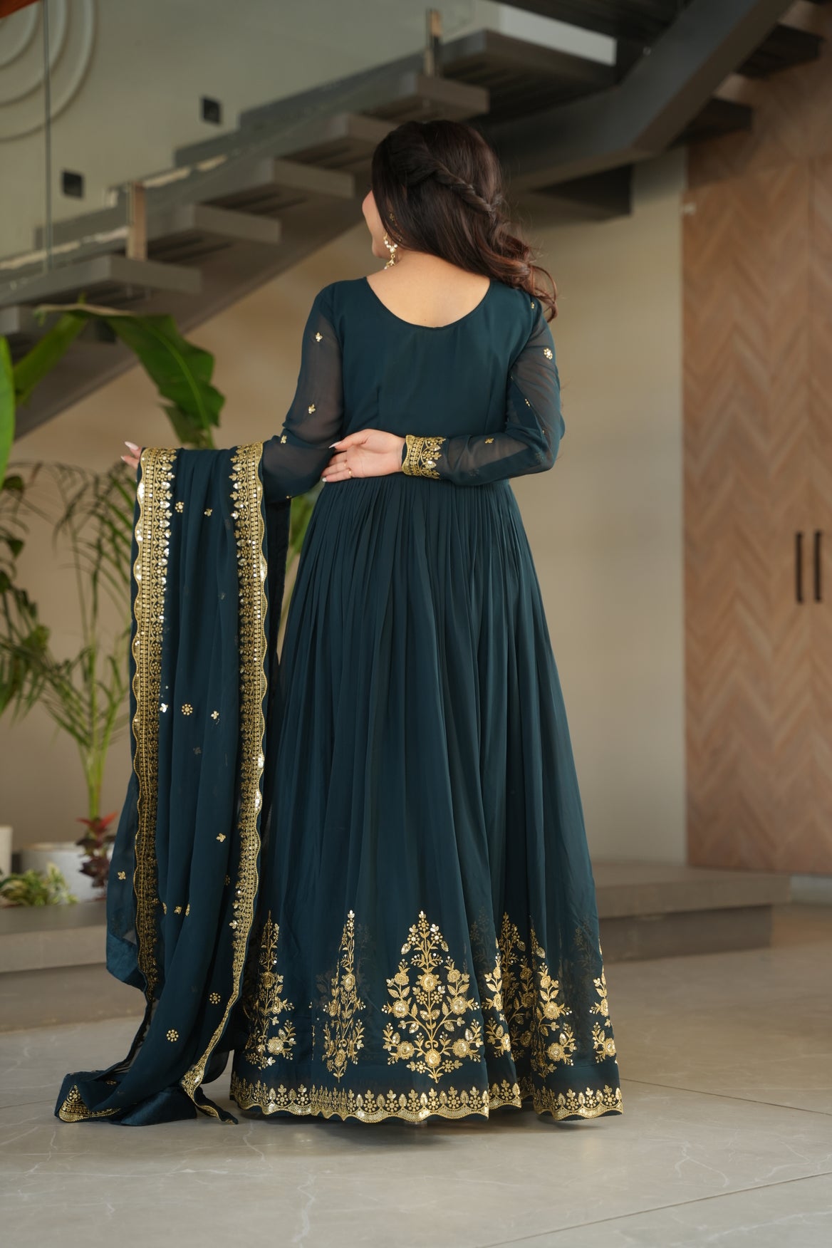 Embroidered Navy Blue Ethnic Maxi Dress For Wedding