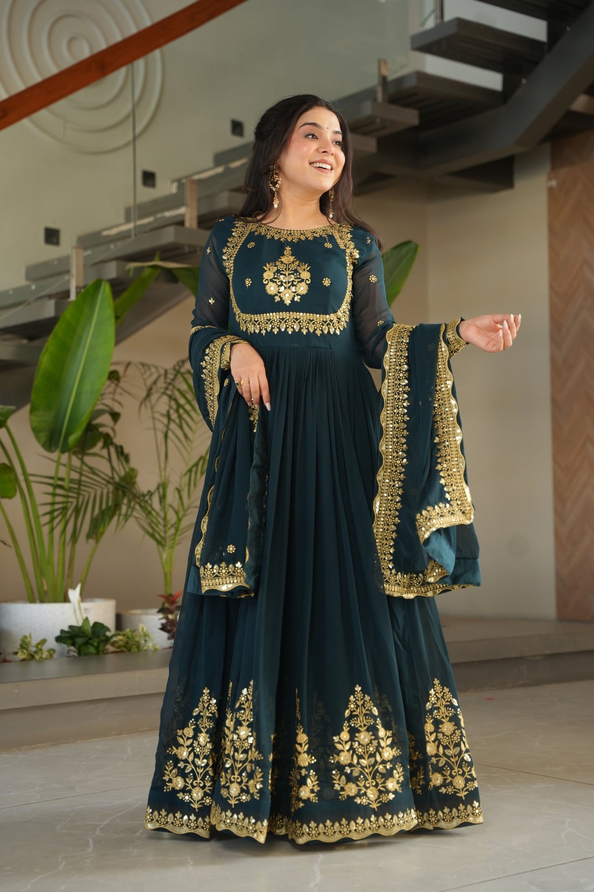 Embroidered Navy Blue Ethnic Maxi Dress For Wedding