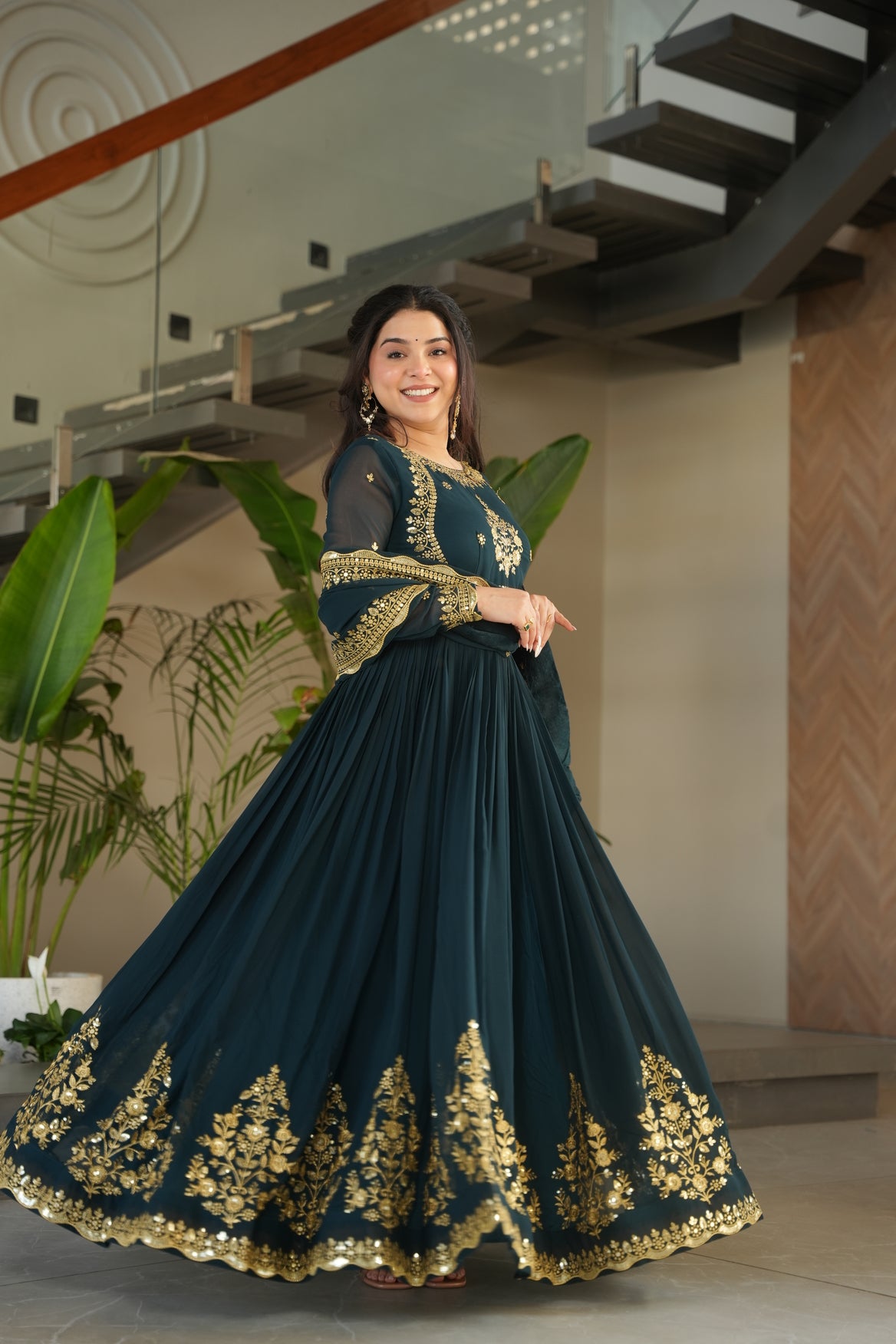 Embroidered Navy Blue Ethnic Maxi Dress For Wedding