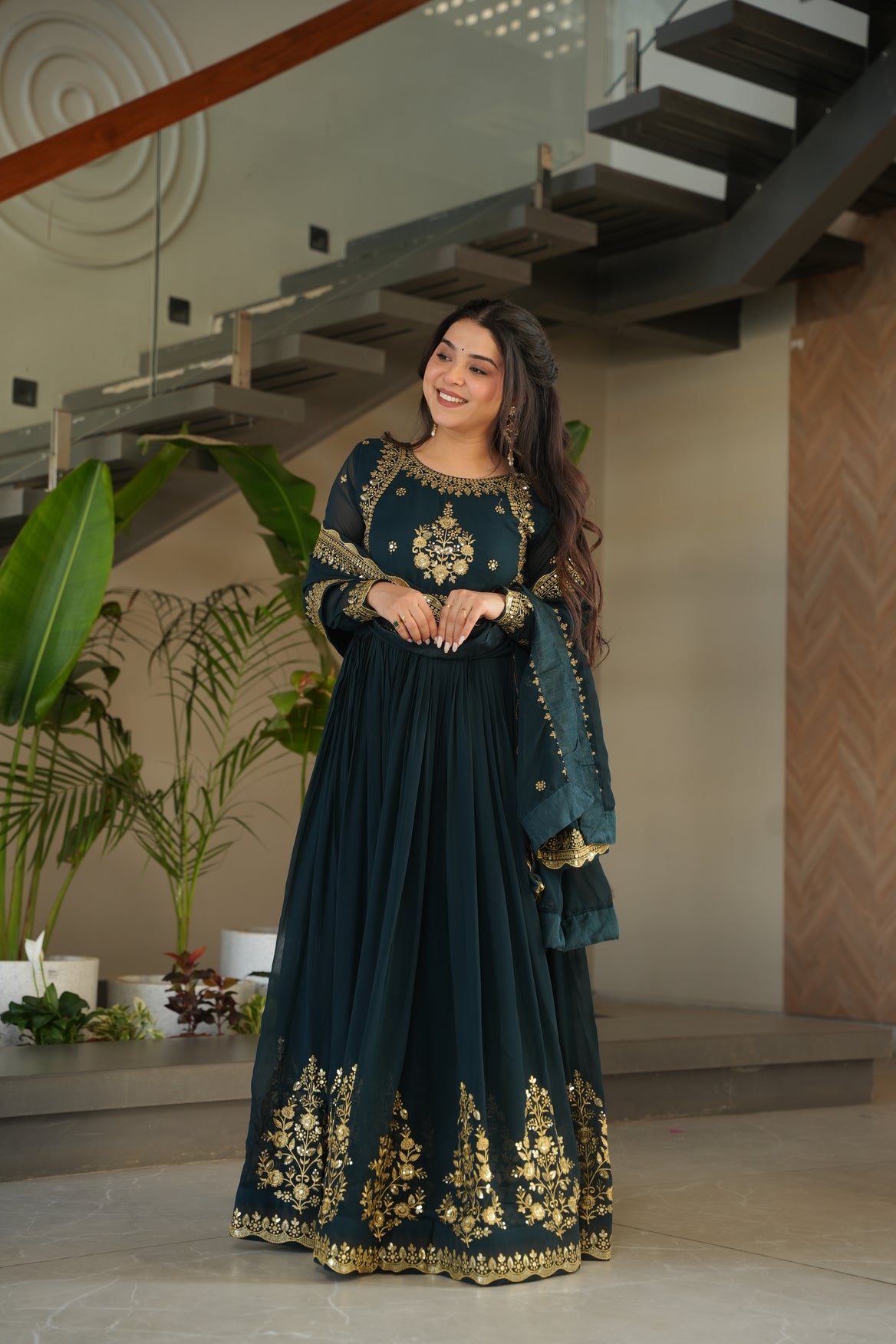 Embroidered Navy Blue Ethnic Maxi Dress For Wedding