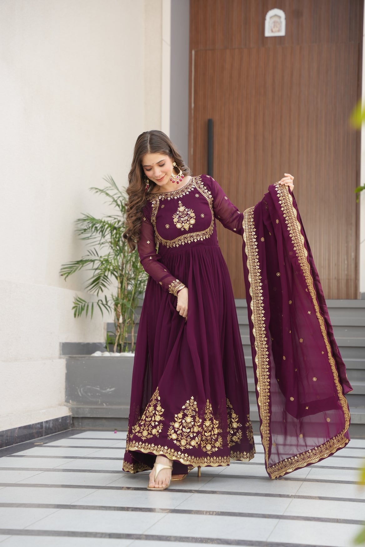 Georgette Embroidered Wine Ethnic Dress For Women