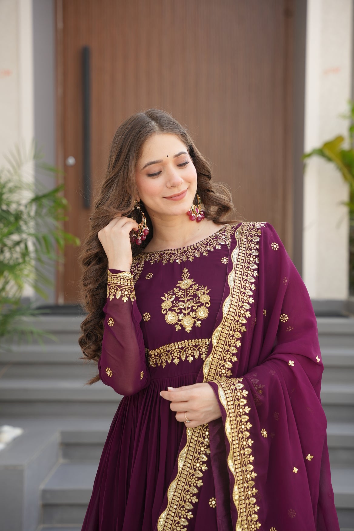 Georgette Embroidered Wine Ethnic Dress For Women