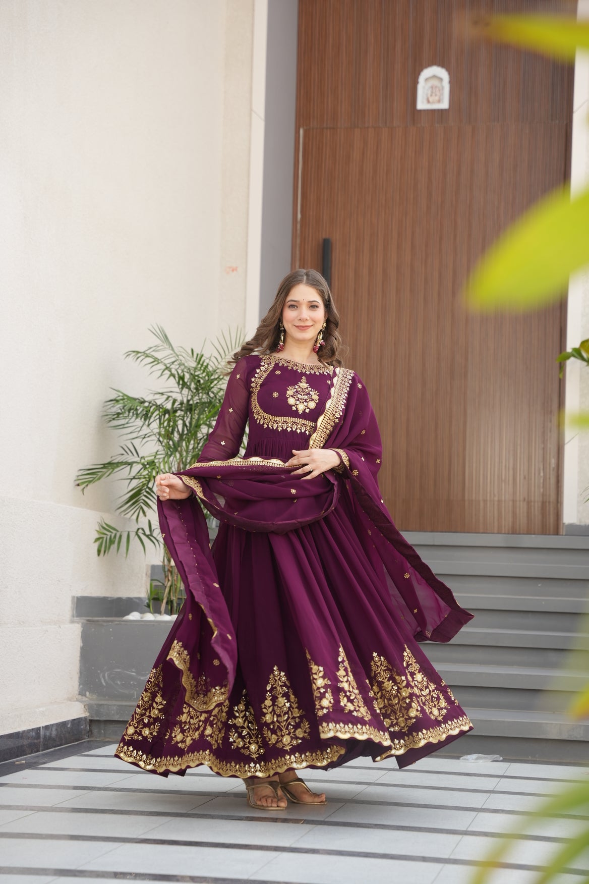 Georgette Embroidered Wine Ethnic Dress For Women
