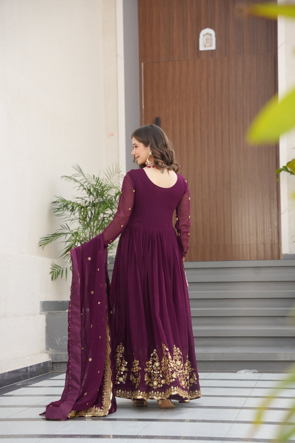 Georgette Embroidered Wine Ethnic Dress For Women