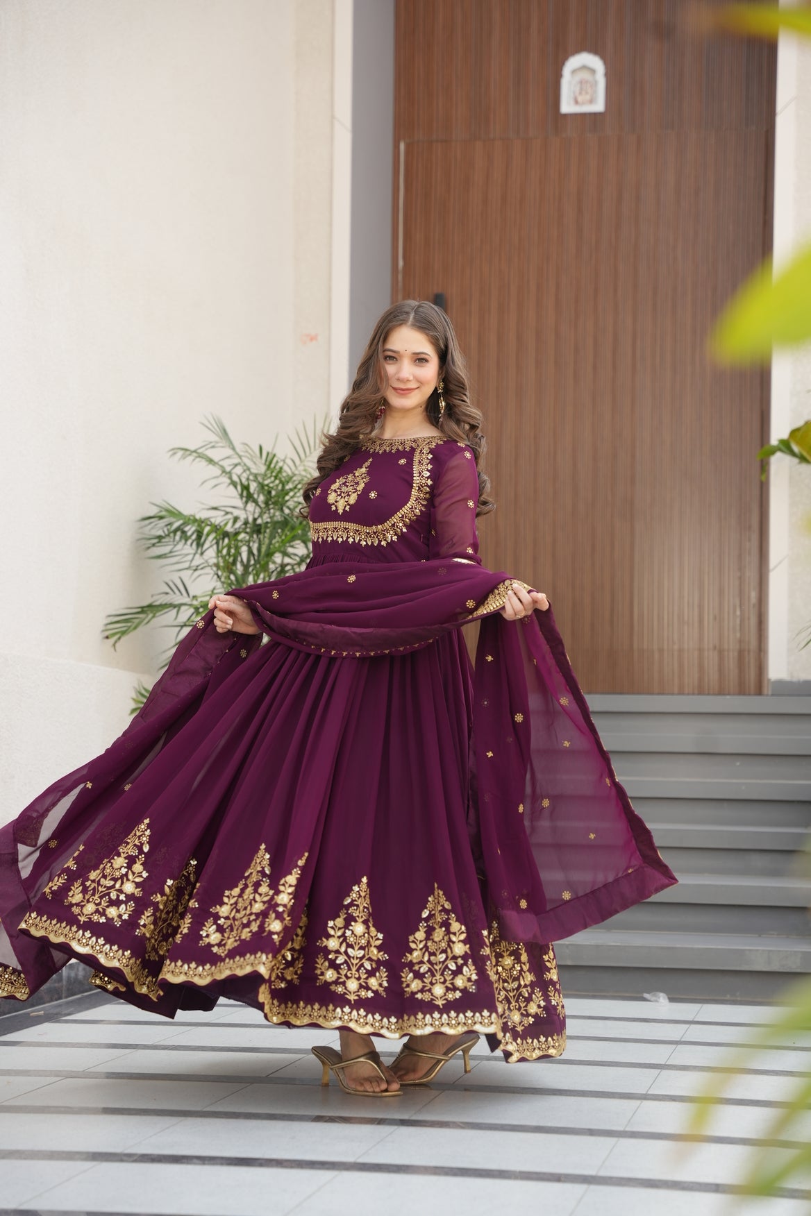 Georgette Embroidered Wine Ethnic Dress For Women