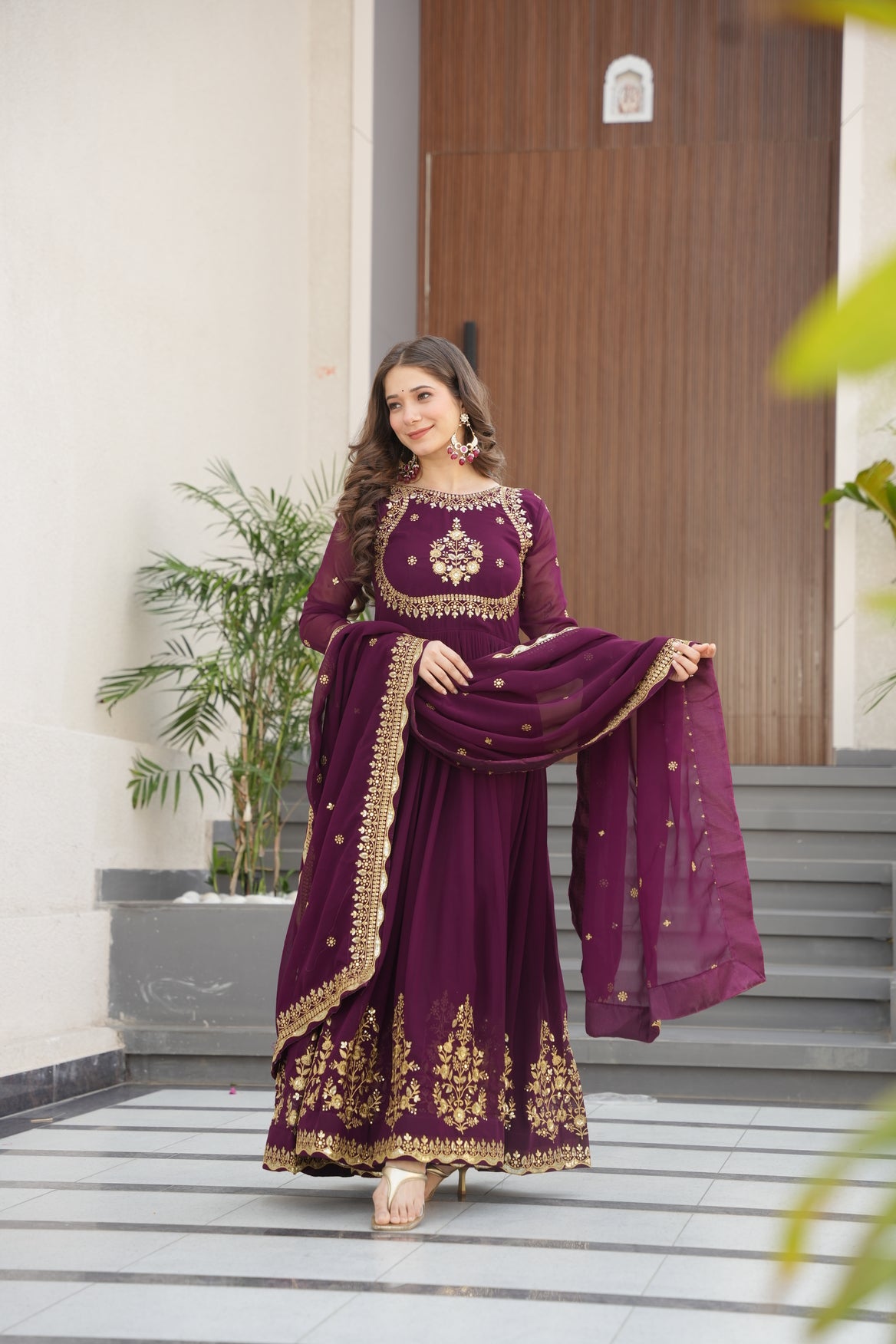 Georgette Embroidered Wine Ethnic Dress For Women