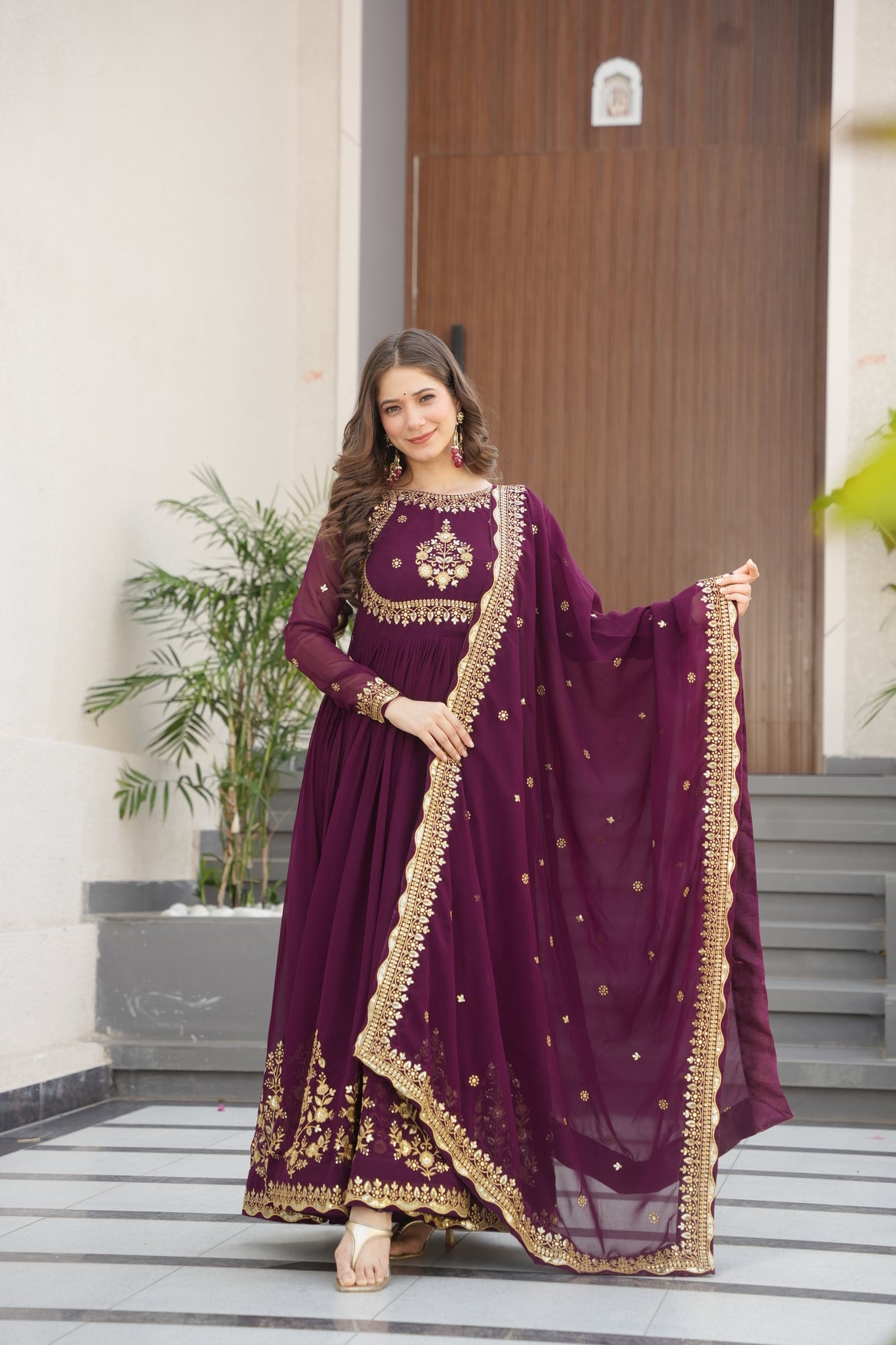 Georgette Embroidered Wine Ethnic Dress For Women