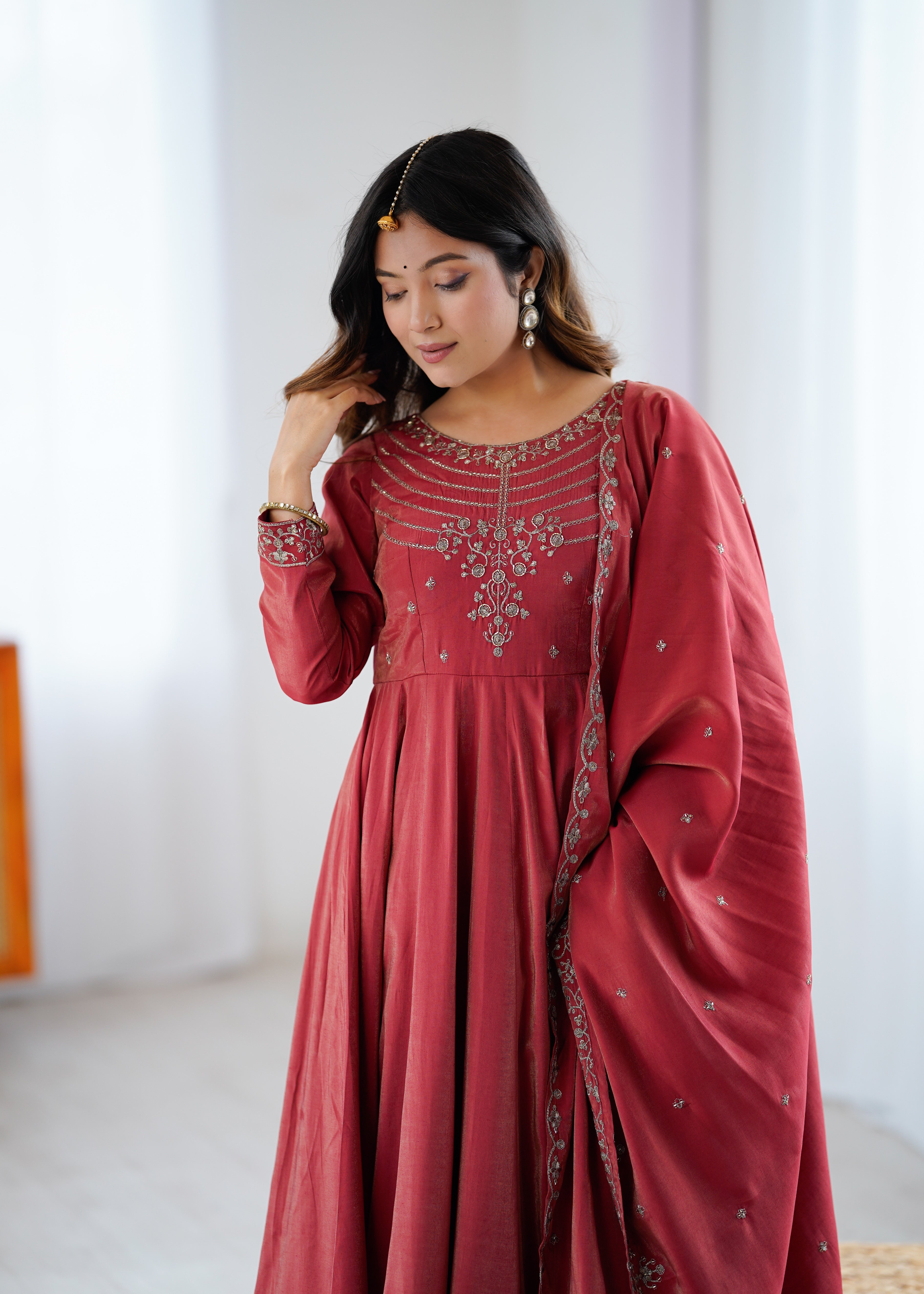 maroon chanderi silk embroidery anarkali suit