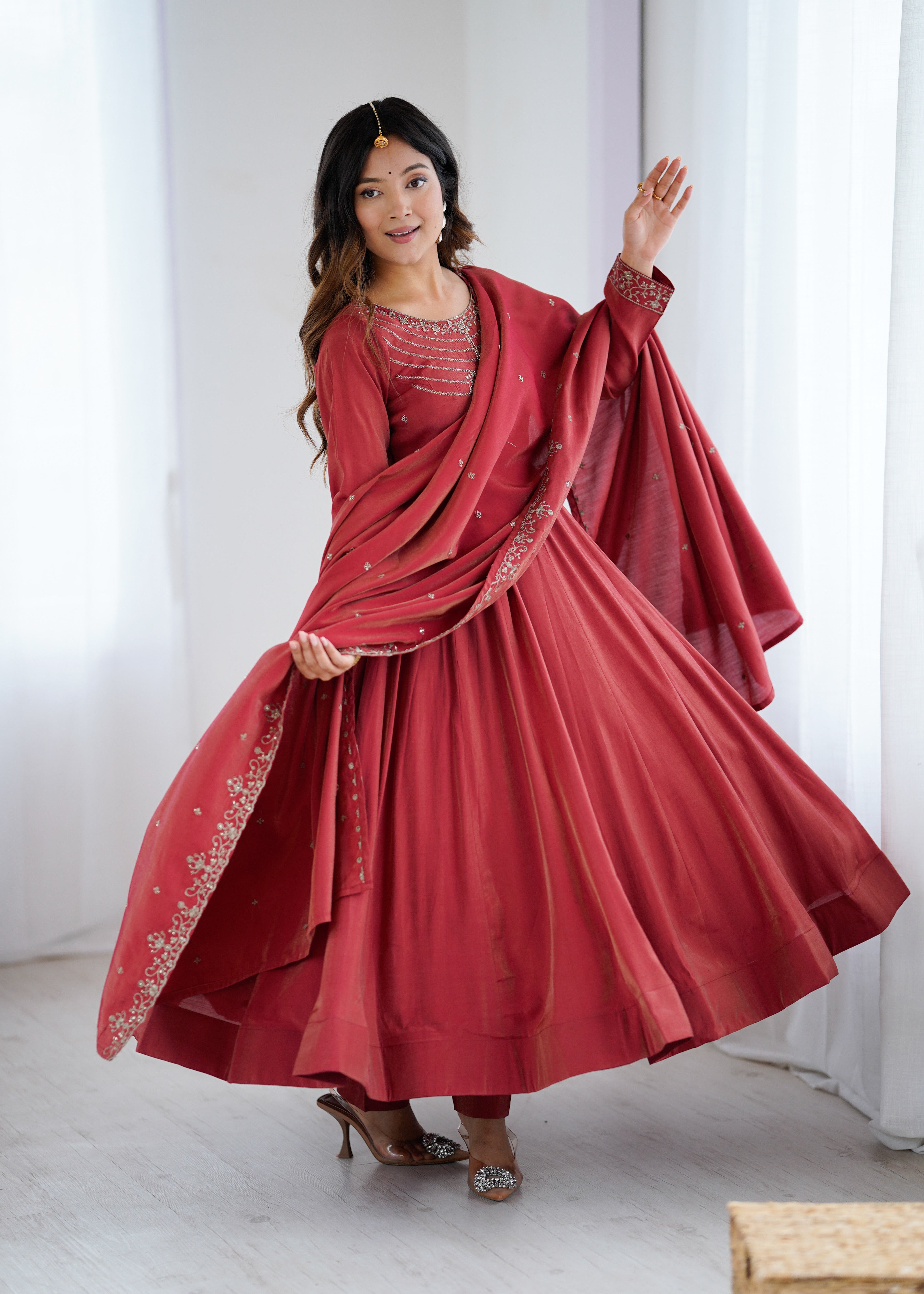 maroon chanderi silk embroidery anarkali suit