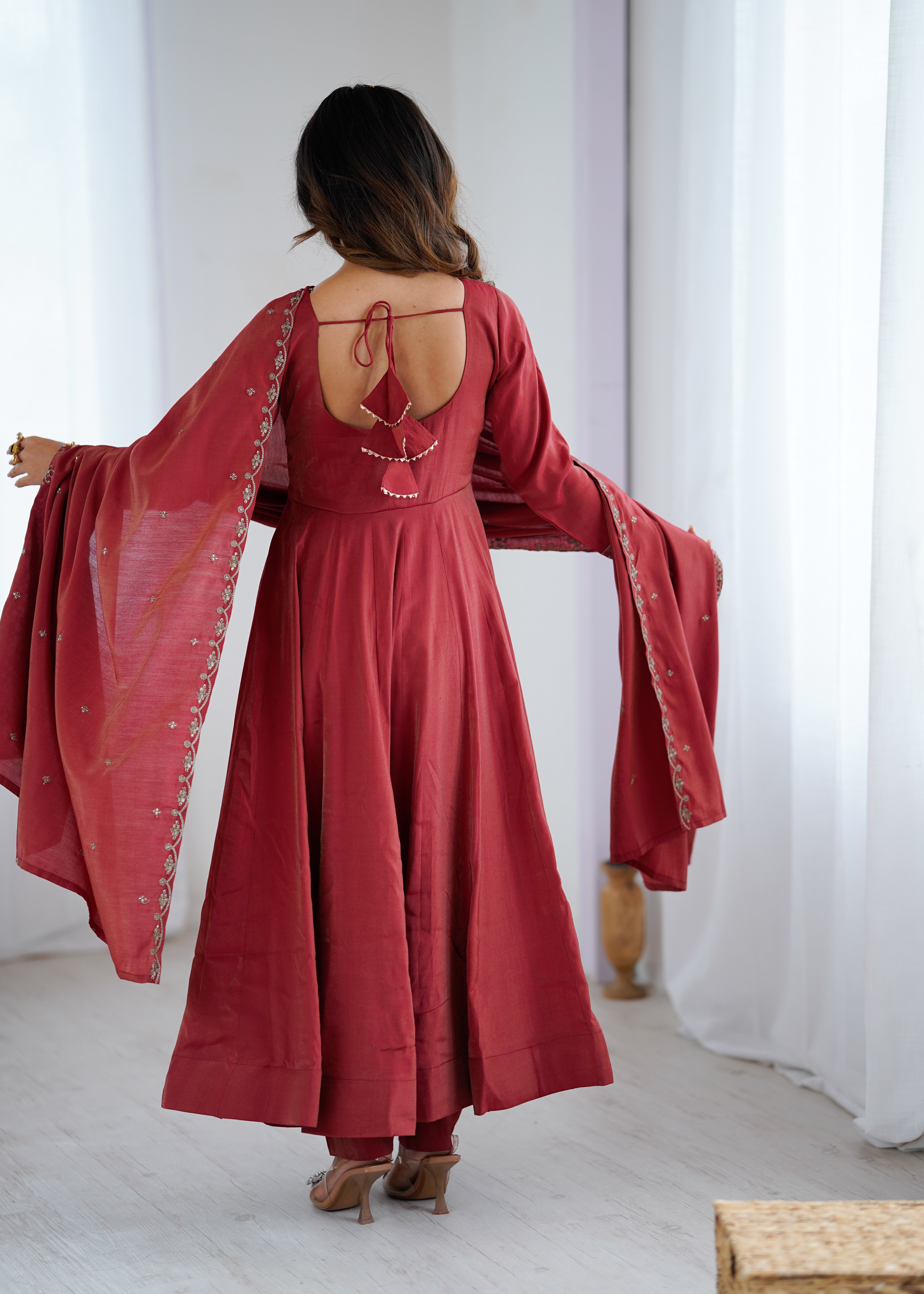 maroon chanderi silk embroidery anarkali suit